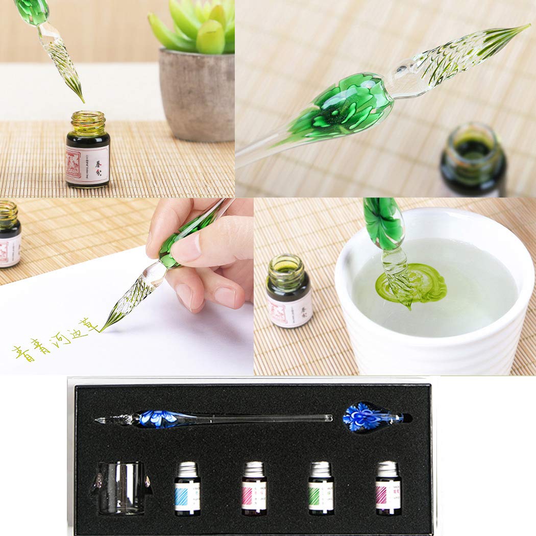 SIPLIV Lot De 4 Stylos à Plume En Verre – Calligraphie Cristal Avec Feuille D’Or Noire – Idéal Pour Écriture Et Art