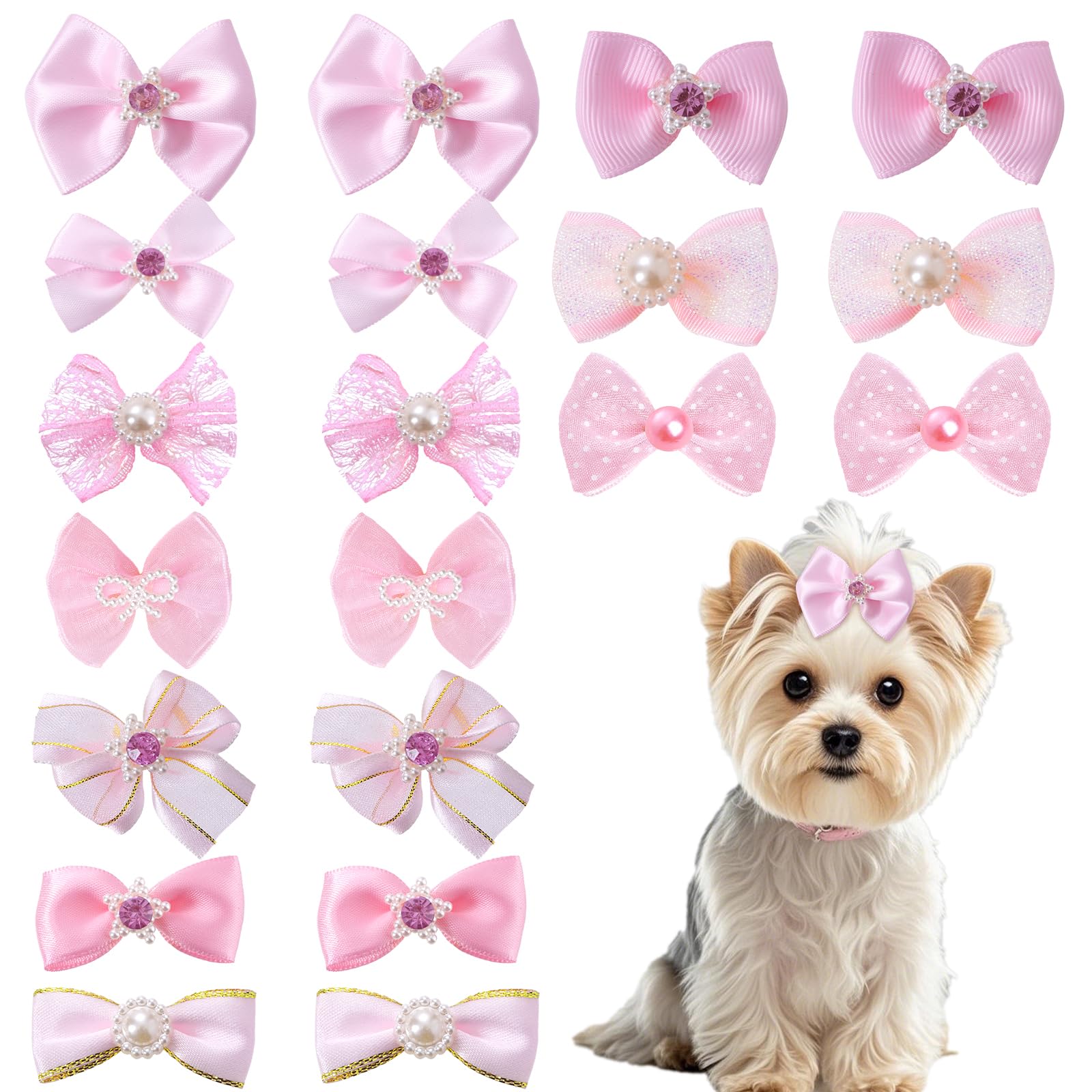 20 PCS Cute Dog Hair Bows with Rubber Bands Elastic Handmade Mix Style Lace Rhinestone Pearls for Furry Puppy Cat Pet Girl, Pink