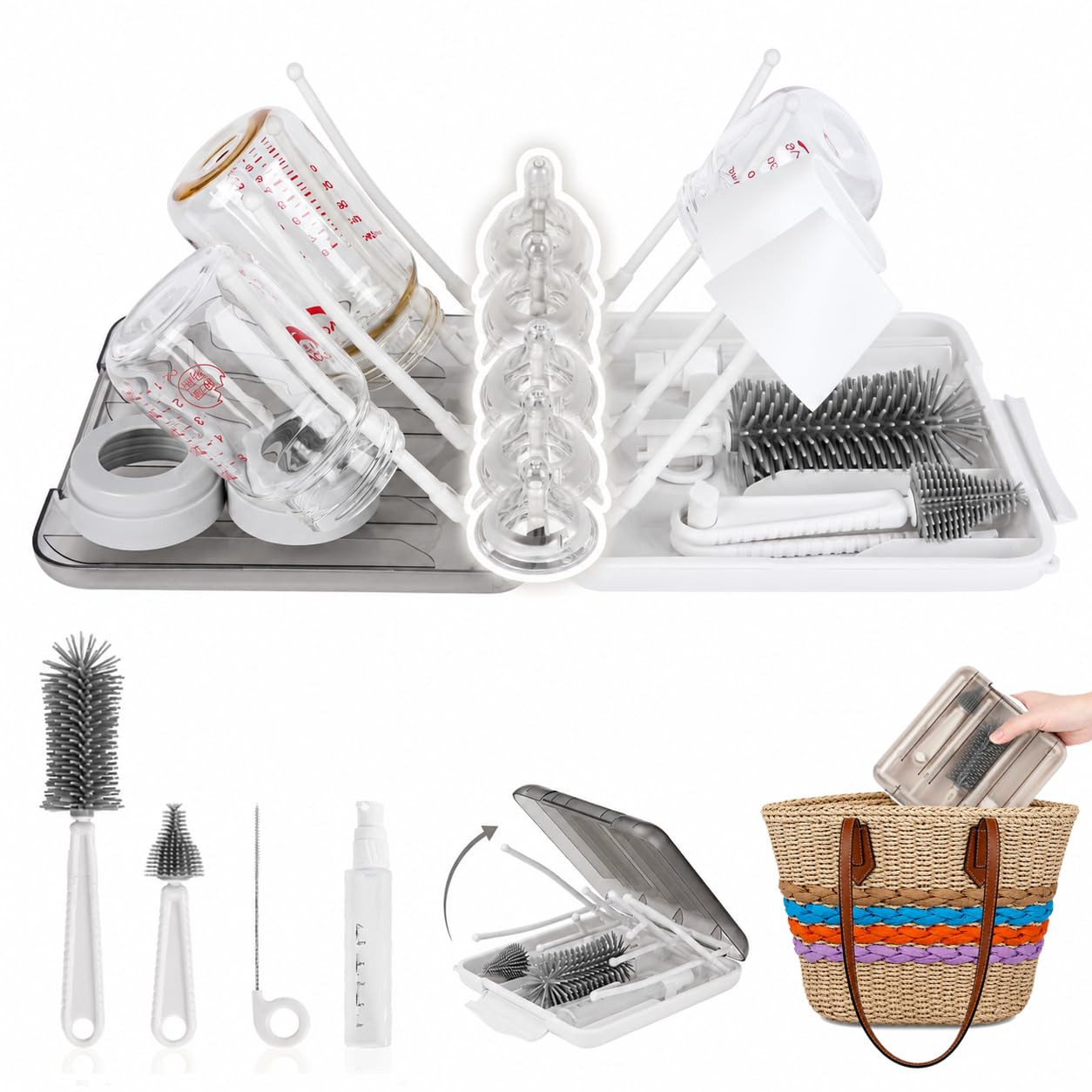 Travel Bottle Cleaner Kit, 6-in-1 Baby Bottle Brush Set with Silicone Brush