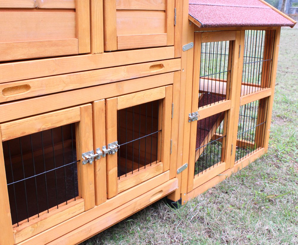 Kaninchenstall Hasenstall draußen Winterfest-Hasengehege Freilaufgehege XXL groß Hasendraht De Luxe aus massiven Holz Meerschweinchen Stall 2 Etagen für 2 Kaninchen