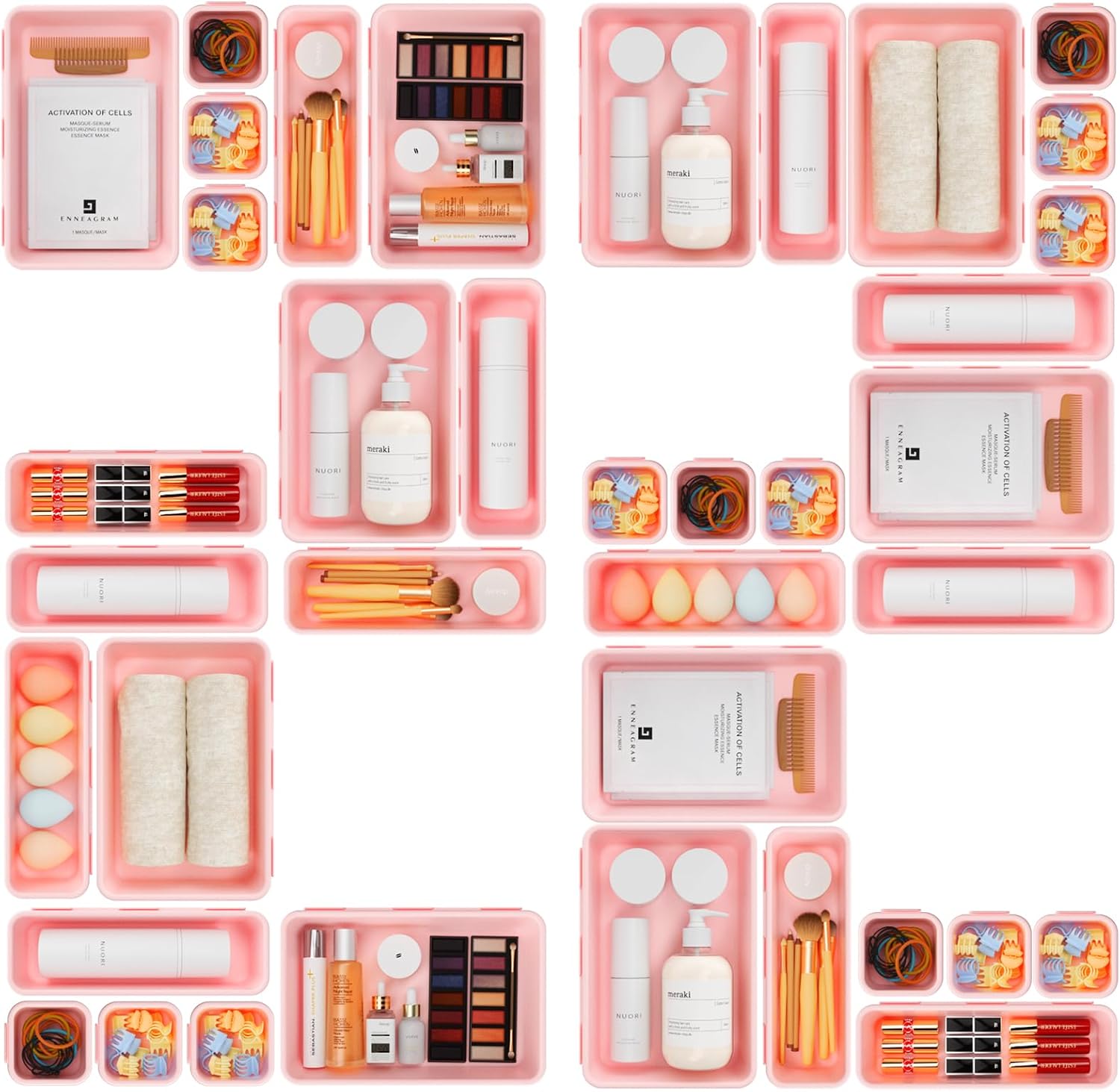 A-LuGei 【𝟮𝟮𝗣𝗖𝗦】 Plastic Pink Desk Drawer Organizer Tray Divider Set, Makeup Organization and Storage Bin Container for Office Utensils Bathroom Kitchen Bedroom Gadget Tool Pantry Cosmetic