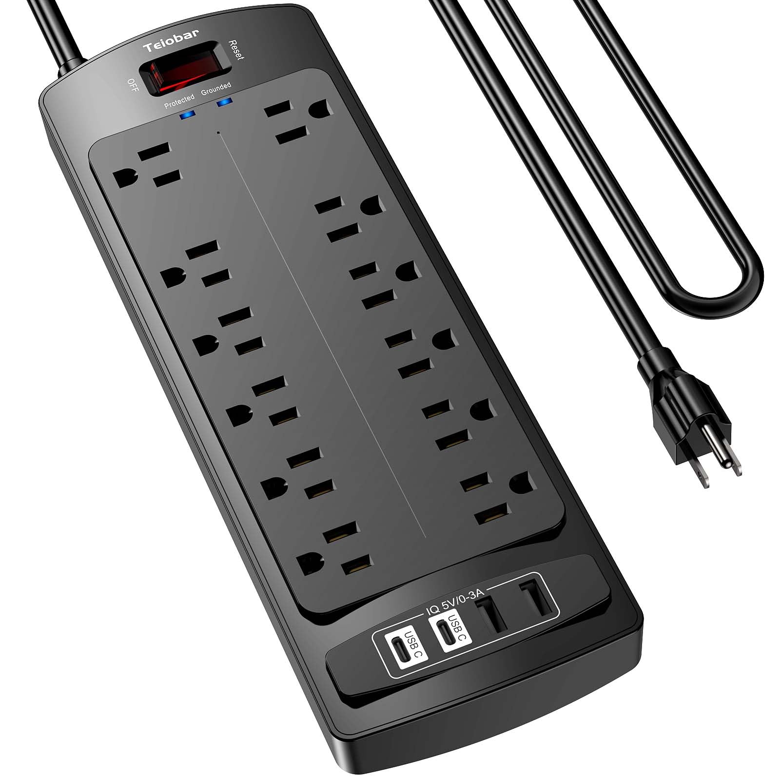 6 Ft Extension Cord Power Strip, Teiobar Surge Protector with 12 AC Outlets and 4 USB Ports for Home, Office, Dorm Essentials, 1875W/15A, 2700 Joules, ETL Listed, Black - 2