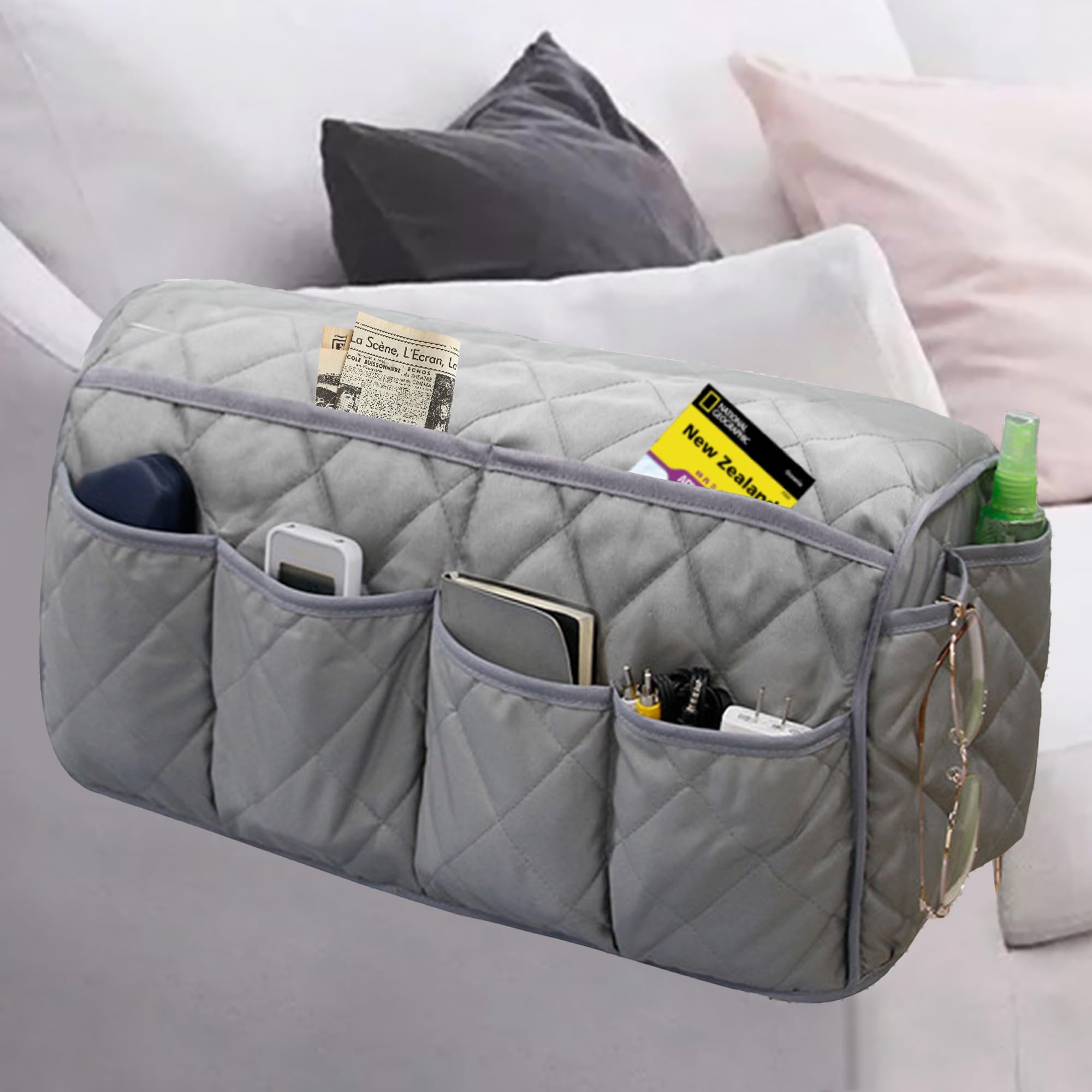 Sagreeny Sofa Armrest Organizer Non-Slip Arm Chair Bedside Caddy Storage Organizer for Recliner Couch with 14 Pockets for Cell Phone TV Remote Control Magazines (Grey)