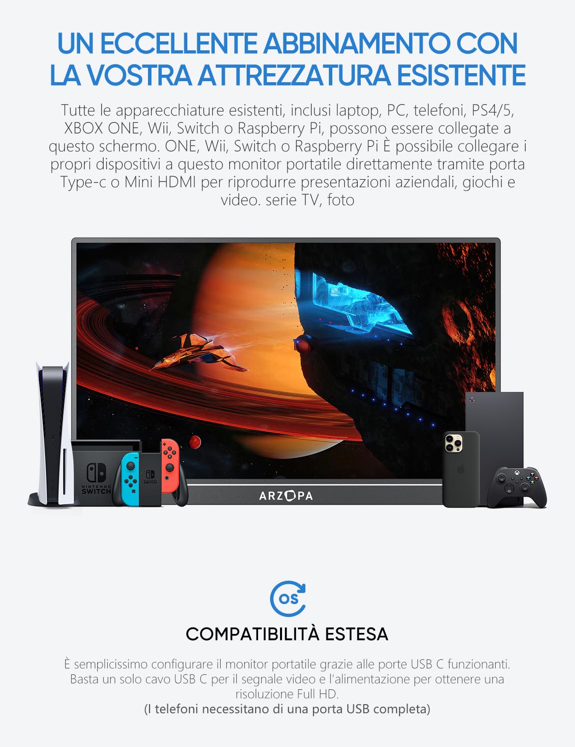 ARZOPA Monitor Portatile, 17,3 Pollici Portable Monitor, 1920x1080 FHD, IPS con HDMI/Type-C/USB-C, Mini Schermo Portatile, Doppio Altoparlante Integrato per laptop/PC/Mac/PS5 /Xbox