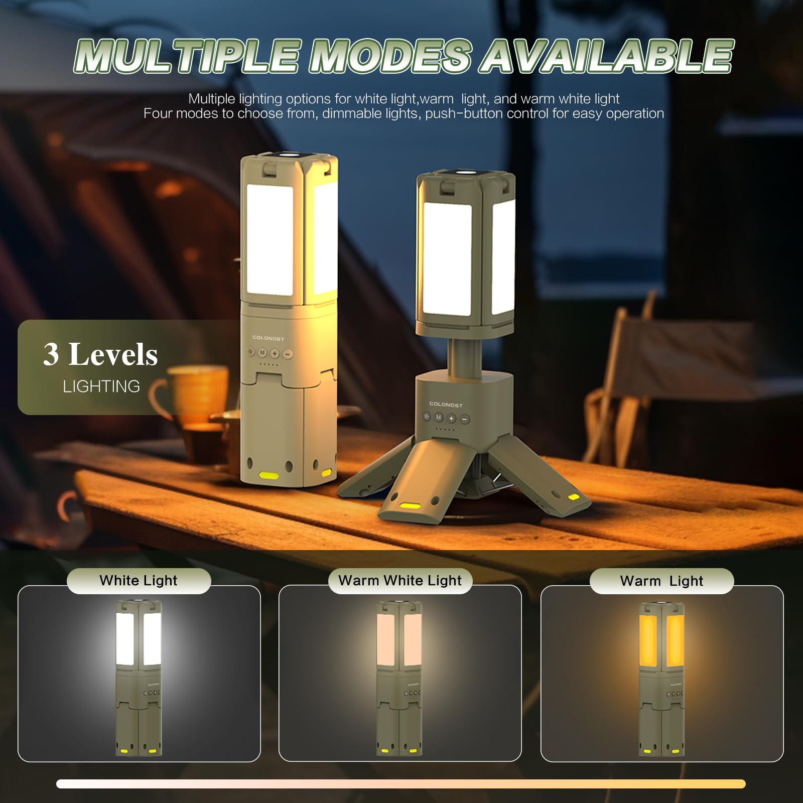 COLONOST Wireless Magnetic Camping Light with Telescoping Pole (285-1100mm) - 3 Mode Dimmable LED, 14000mAh Portable Power, Waterproof Design for Tent & Outdoor Emergencies