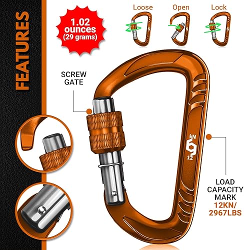 Vista 61 de 12kN (2697 lbs) Heavy Duty Carabiner Clips, for Securing Pets, Outdoor, Camping, Hiking, Hammock, Dog Leash Harness, Keychains