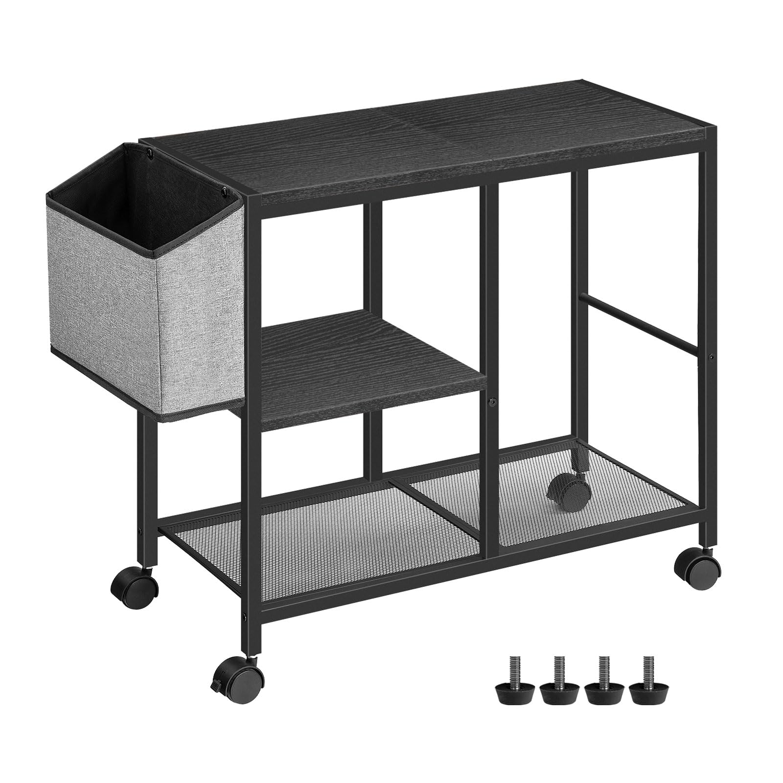 Printer Stand with Storage Bag, 3-Tier Mobile Under Desk Printer Cart with Wheels, Wooden Rolling Printer Table, Organizer Shelf for Study, Office, Living Room, Black PTHB2201The Forest Stewardship Council