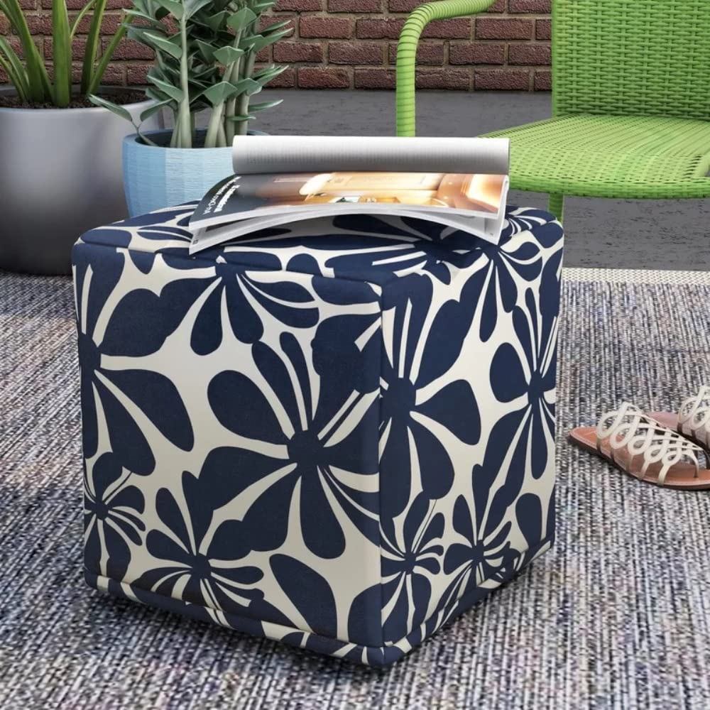 Luxurious Fluffy 17'' Wide Square Floral Pattern Cube Ottoman | UV & Fade Resistant Cozy Addition to Any Outdoor Arrangement Vanity Stool Super Soft Extra Plush Comfy Bench Patio Navy Blue Color
