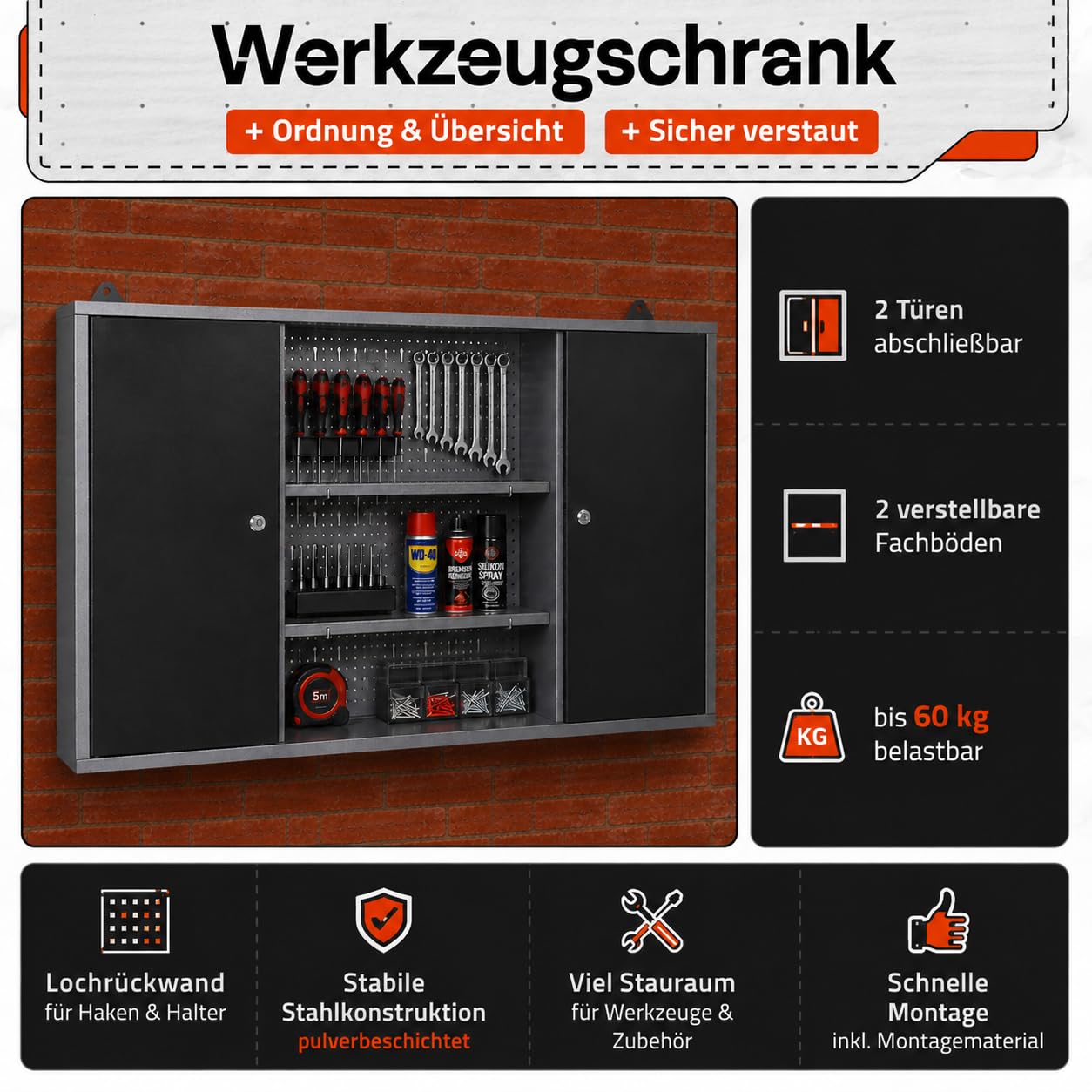 Ondis24 Werkstatteinrichtung Werkstatt Set Werkbank Fritz Hängeschrank Werkzeugwand Metall Schwarz Grau (Hängeschrank Ben & Tim, 240 cm), Buchenholzarbeitsplatte
