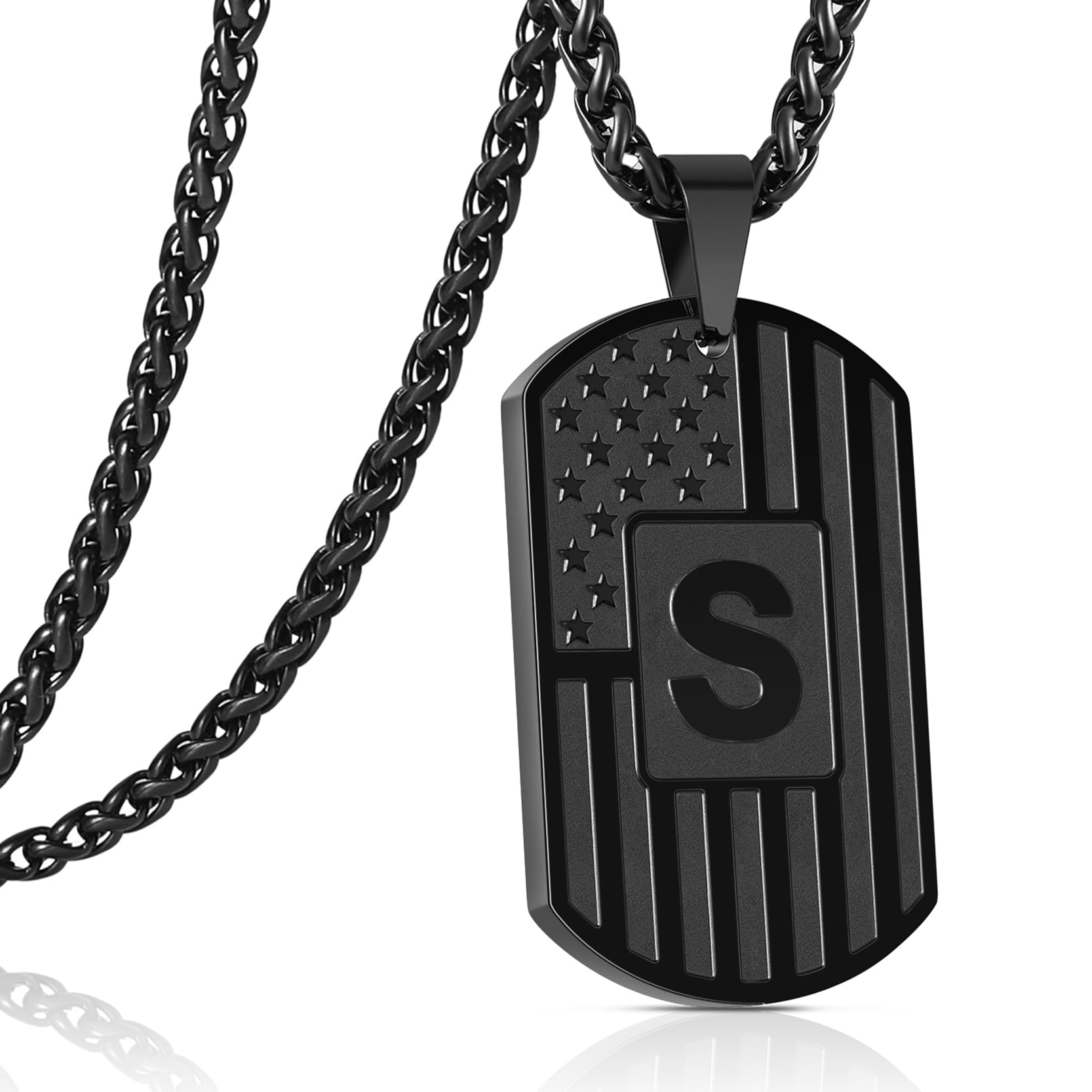 Initial American Flag Dog Tag Necklace for Men Stainless Steel Letter A-Z Jewelry Gift 24 Inch Chain Valentine's Birthday Christmas Anniversary