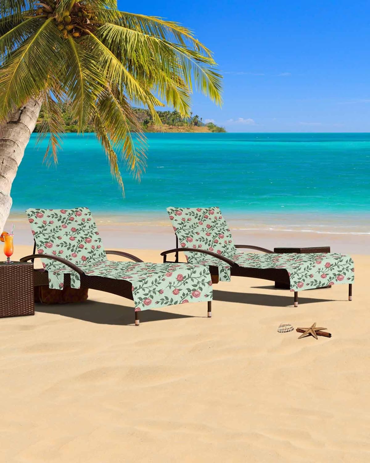 Rose Flower Leaves Beach Pool Patio Lounge Chaise Chair Cover Towel With Pockets,Absorbent & Quick Dry Microfiber Towel Cover Bag Summer Accessories for Sunbathing Vintage Pink Green Floral Plant
