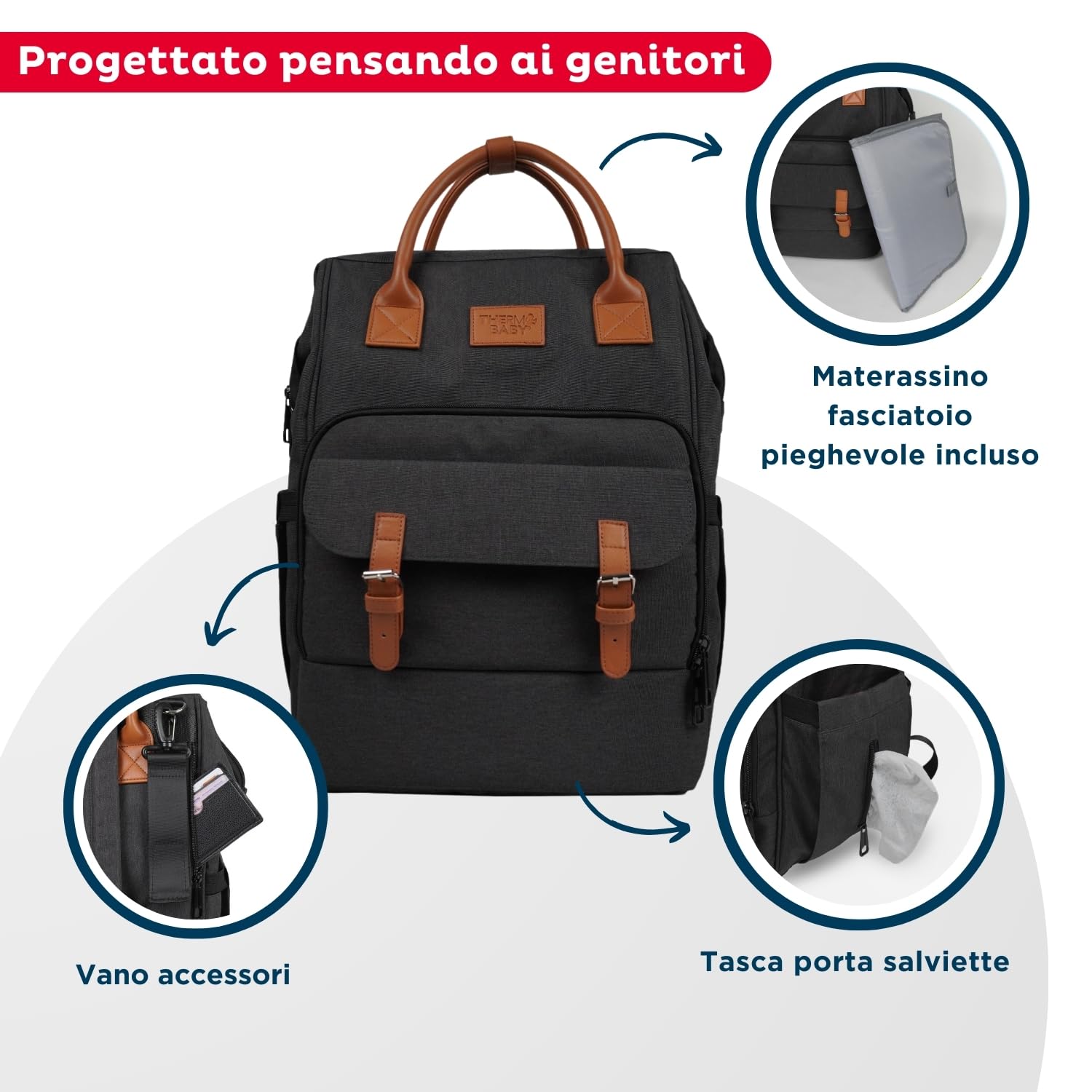 Thermobaby - Fasciatoio ESCAPADE - Zainetto fasciatoio - Zainetto con materassino fasciatoio per maschietti e femminucce - Comodo e pratico per le uscite con il bambino - Grigio scuro.