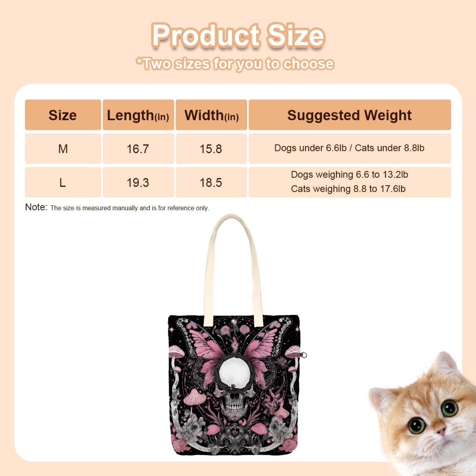 Pet Canvas Shoulder Bag Soft-Sided,Dog Purse Carrier for Small Dogs and Cats, Portable Pet Handbag with Adjustable Hole, Pet Washable Travel Tote Bag,Pink Butterfly Skull Mushroom 19.3''x16.5''