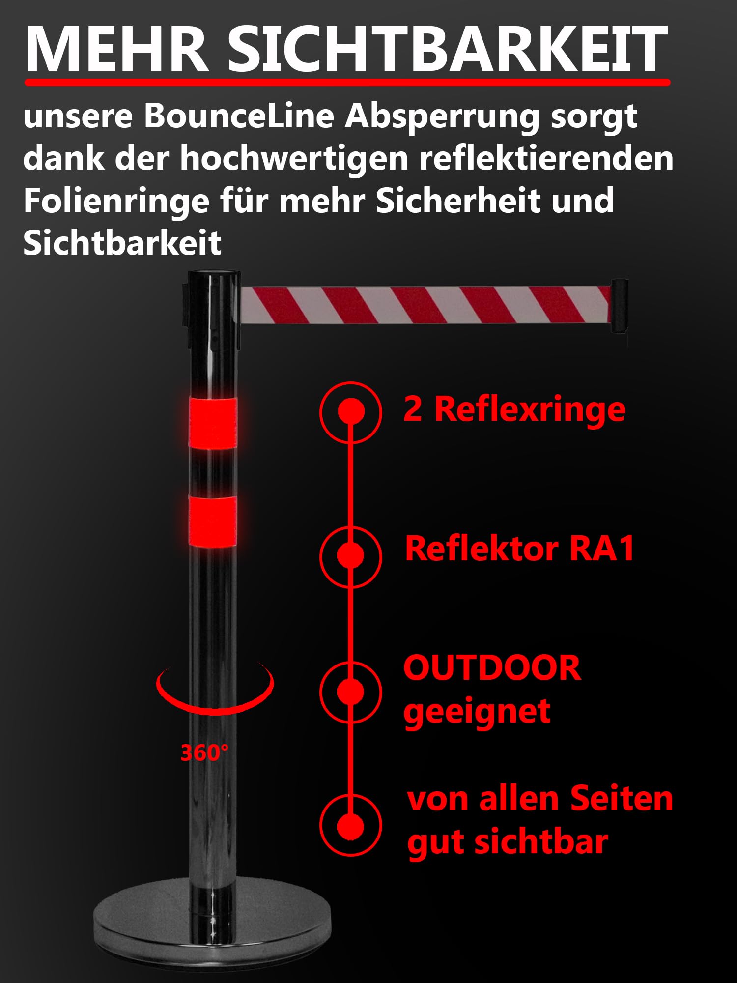 UvV BounceLine Personenleitsystem, Absperrpfosten, Edelstahl, 2 Pfosten 90 cm Hoch je 3 m Gewebeband (Stahl 8 kg (Heavy), gelb/schwarz)
