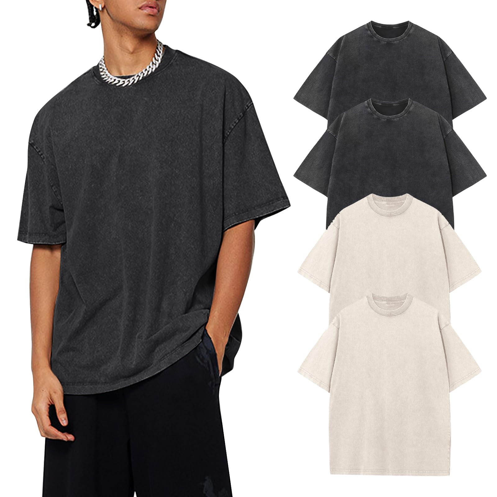 Photo 1 of Gihuo Oversized Tshirts for Men Mens T Shirt Vintage Graphic Tees Cotton Heavyweight Acid Wash Comfort Colors Tees(BlackBlackBeigeBeige-S)