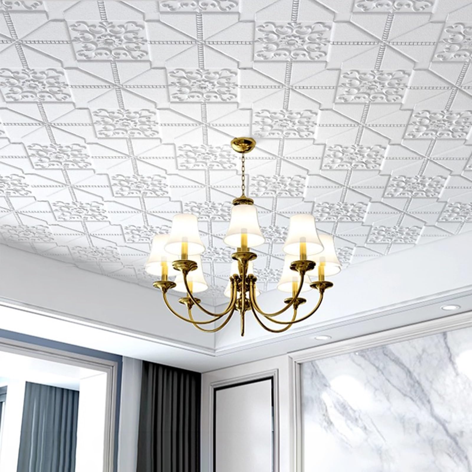 Paneles de techo de espuma 3D autoadhesivos, lavables e insonorizados, para dormitorio, sala de estar, 27.6 x 27.6 pulgadas, paquete de 30, paneles de techo decorativos blancos