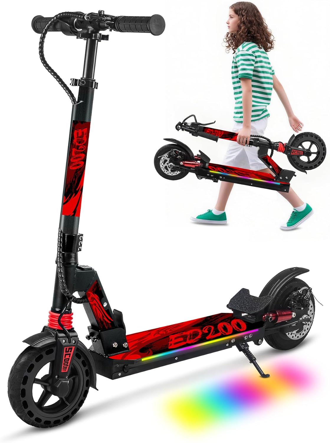 E200/ED200 Electric Scooter for Kids, 180/200w Motor, 12/18 MPH & 12/15 Mile Range, Foldable Kick Scooter with LED Display, Maxload 220 lbs, Dual Brakes, 8" Honeycomb Tires, 4 Level Adjustable Hight product image