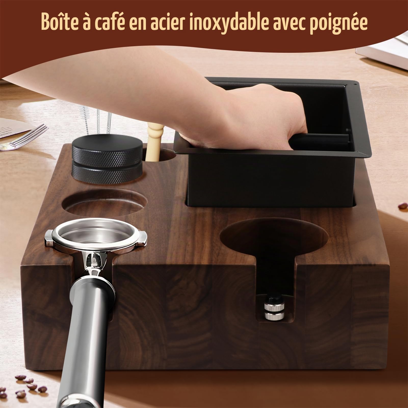 Espresso Knock Box and Tamp Station – Organiseur de tamping Espressos, boîtes de rangement 7 en 1 en bois naturel pour distributeur de tamper 51–58 mm
