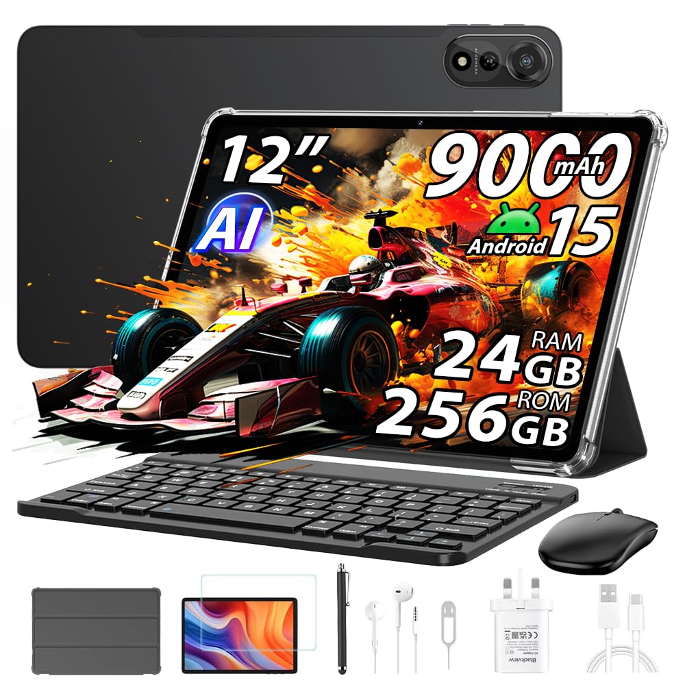 Blackview Mega 2 12 Zoll Tablet Android 15 Tablets, 24GB RAM+256GB ROM, 120Hz 2.4K FHD+ Gaming Tablet mit Tastatur Maus Stift Kopfhörer, 4G LTE+5G WiFi, 16MP+8MP, 9000mAh, PC Mode,OTG,FM,Hülle,Schwarz