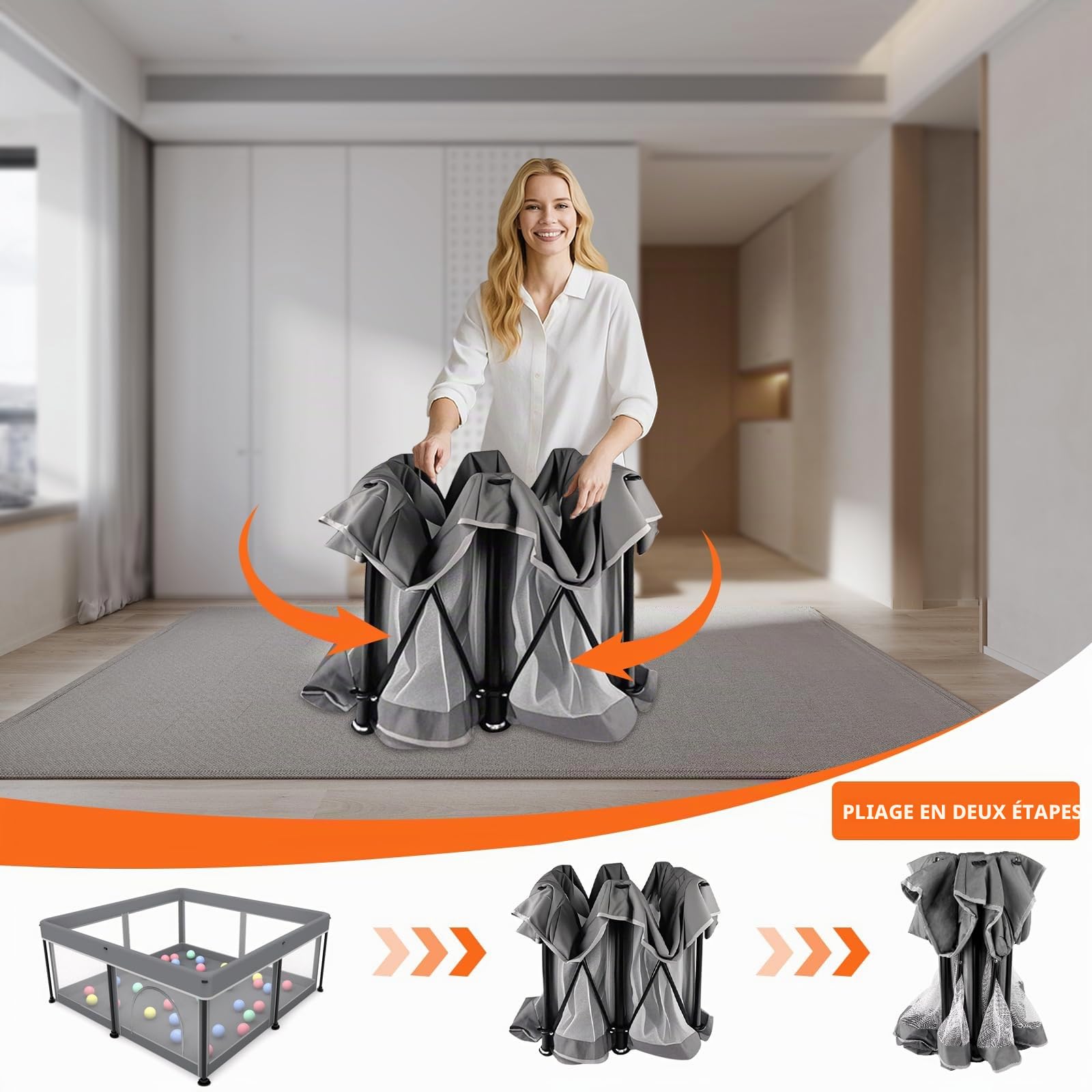 Parc pliable pour bébé avec tapis – Portable, spacieux et robuste pour bébés et tout-petits, installation rapide en 1 minute, facile à transporter, parc de jeu pliable pour une utilisation en