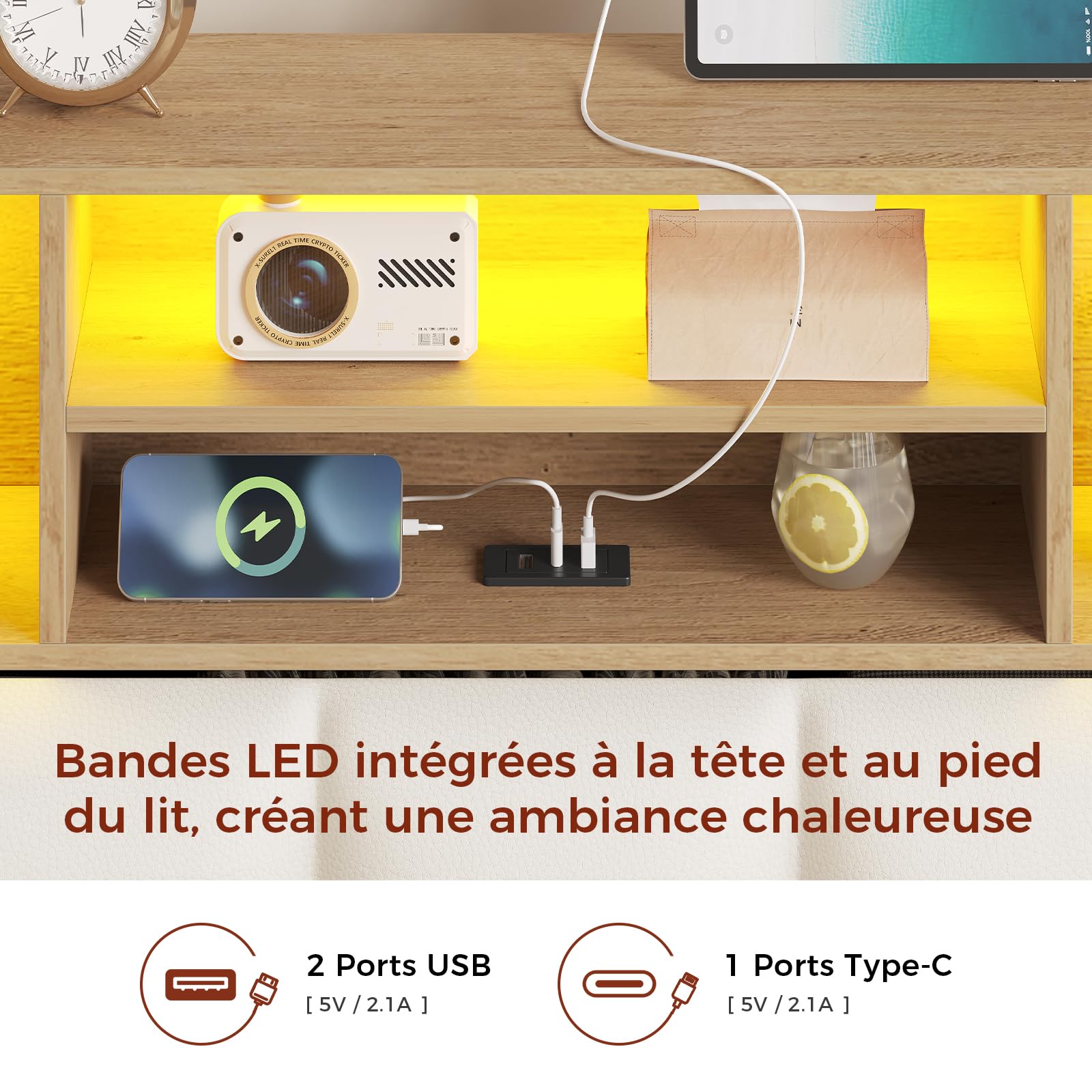 KIMENICH Lit 140 x 190, Lits Double avec LED et Multiprise, Cadre de Lit en Métal avec 4 Tiroirs, Tête de Lits en Bois Capitonnée avec 7 Compartiments, Lits 140 x 190 avec Sommier et Rangement, Blanc