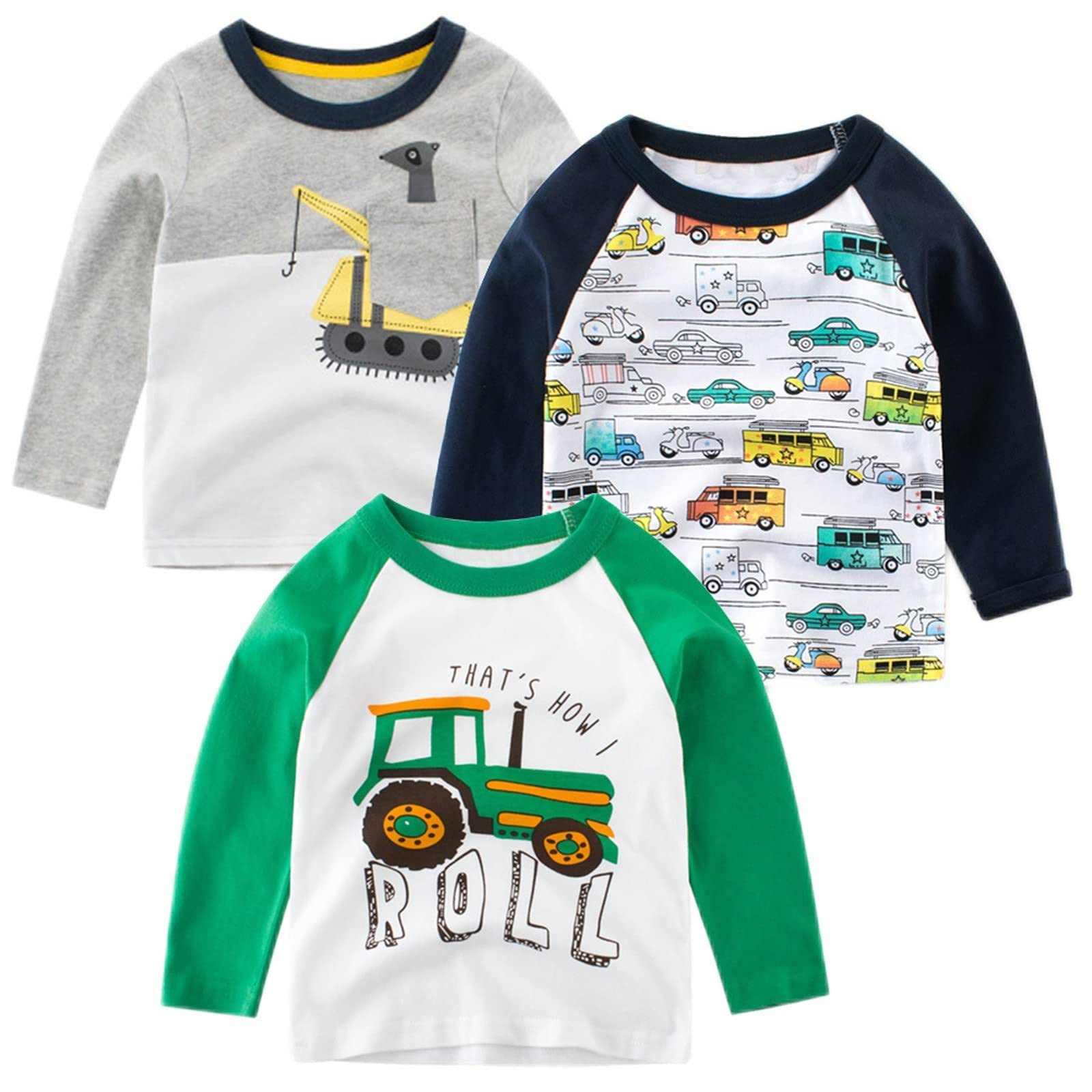 Supfans Toddler Boys Long Sleeve T-Shirts Casual Bambini e Ragazzi (Pacco da 3)
