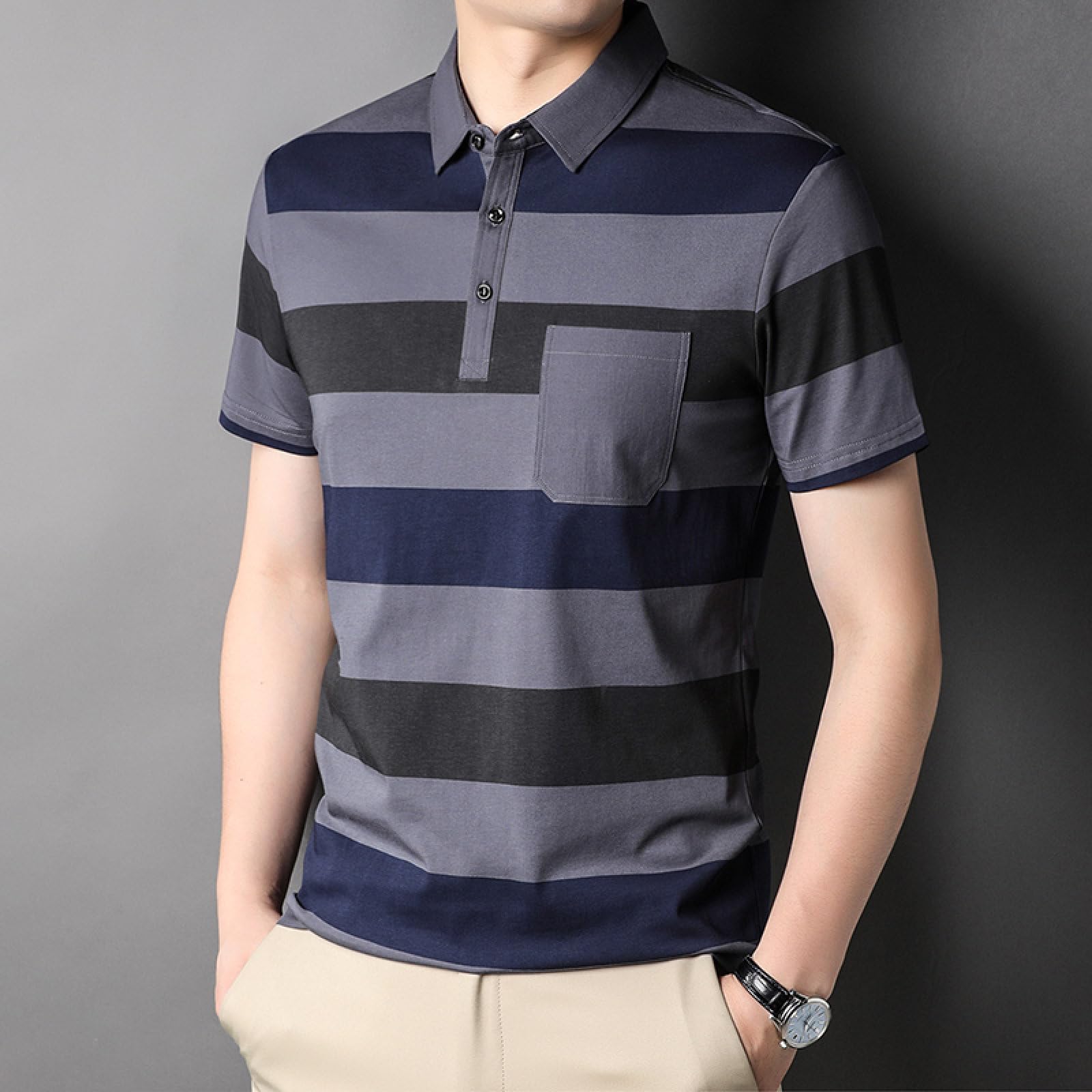 Moda Casual - Polo Estiva in Cotone con Risvolto Grigio da Uomo, Manica Corta, Tinta Unita, Top Casual, Abbigliamento, Top da Lavoro da Uomo