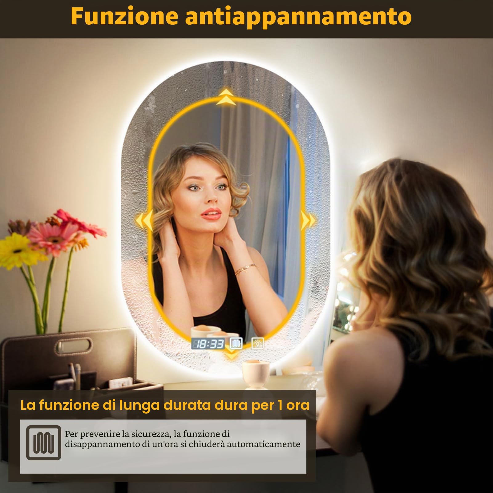 Viugreum Specchio da bagno con illuminazione 50x75cm, Specchio da bagno ovale a LED, Dimmerabile 3 colori della luce, Antiappannamento, Orologio, Interruttore touch, Specchio da bagno LED con