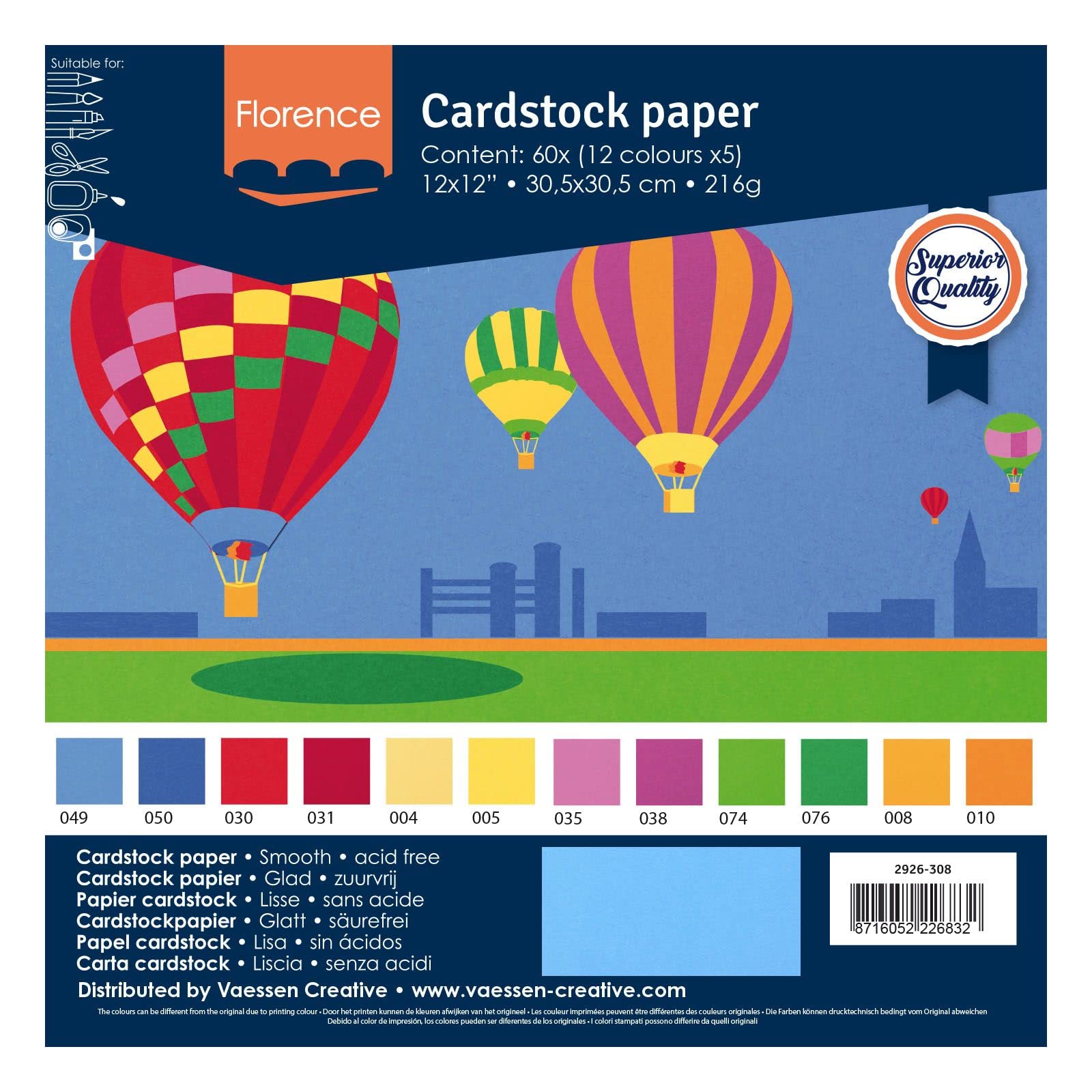 Vaessen Creative Florence Cardstock Paper Colour Mix Autumn 216 g/m², Square, 30.5 x 30.5 cm, 60 Pieces, Smooth for Scrapbooking, Card Making, Punching and Other Paper Crafts