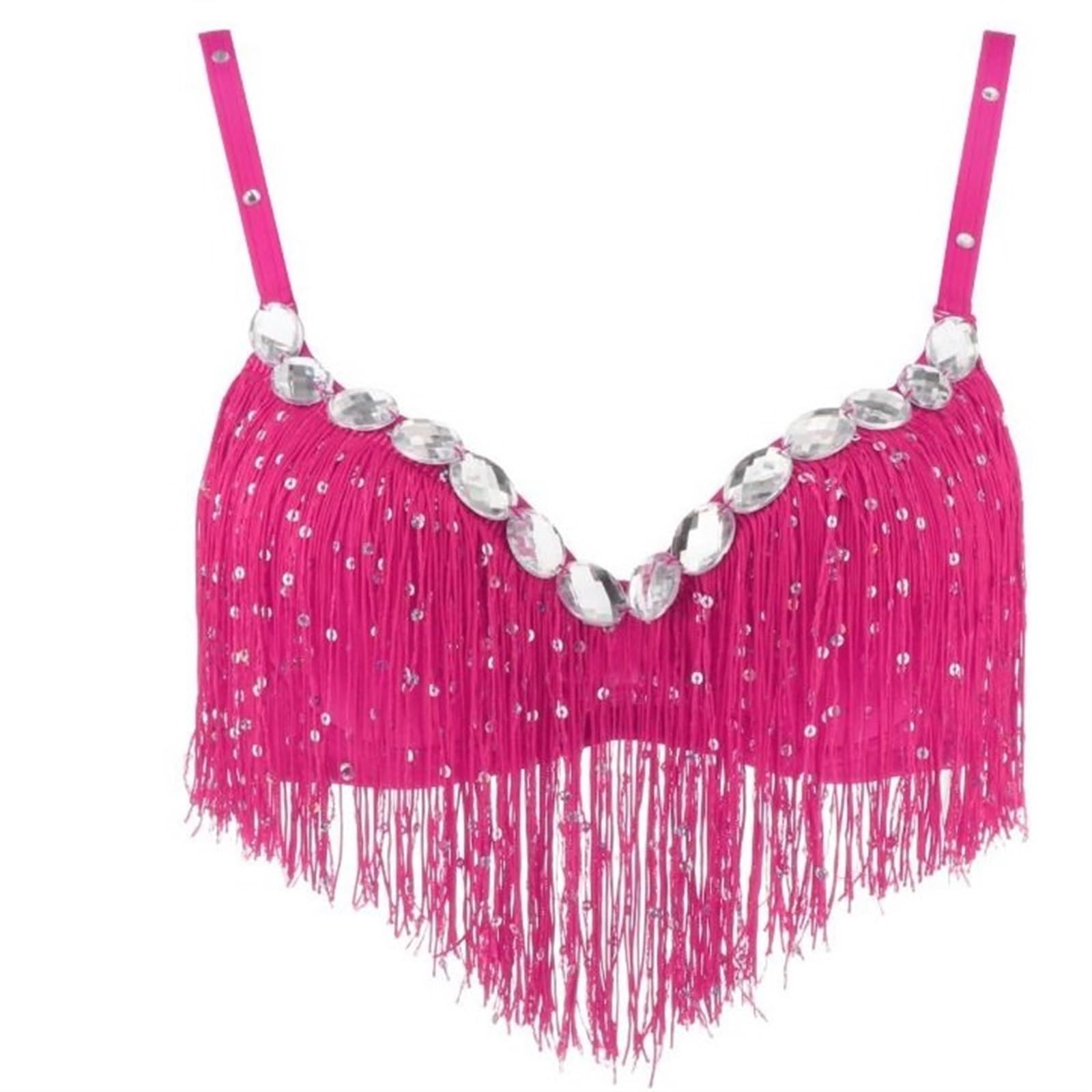 LIUHLFSR Tassel Sequin Nightclub Performance Top Show Costumes Belly Dance Bra Halter for Dancing Carnival Party(Rose red)