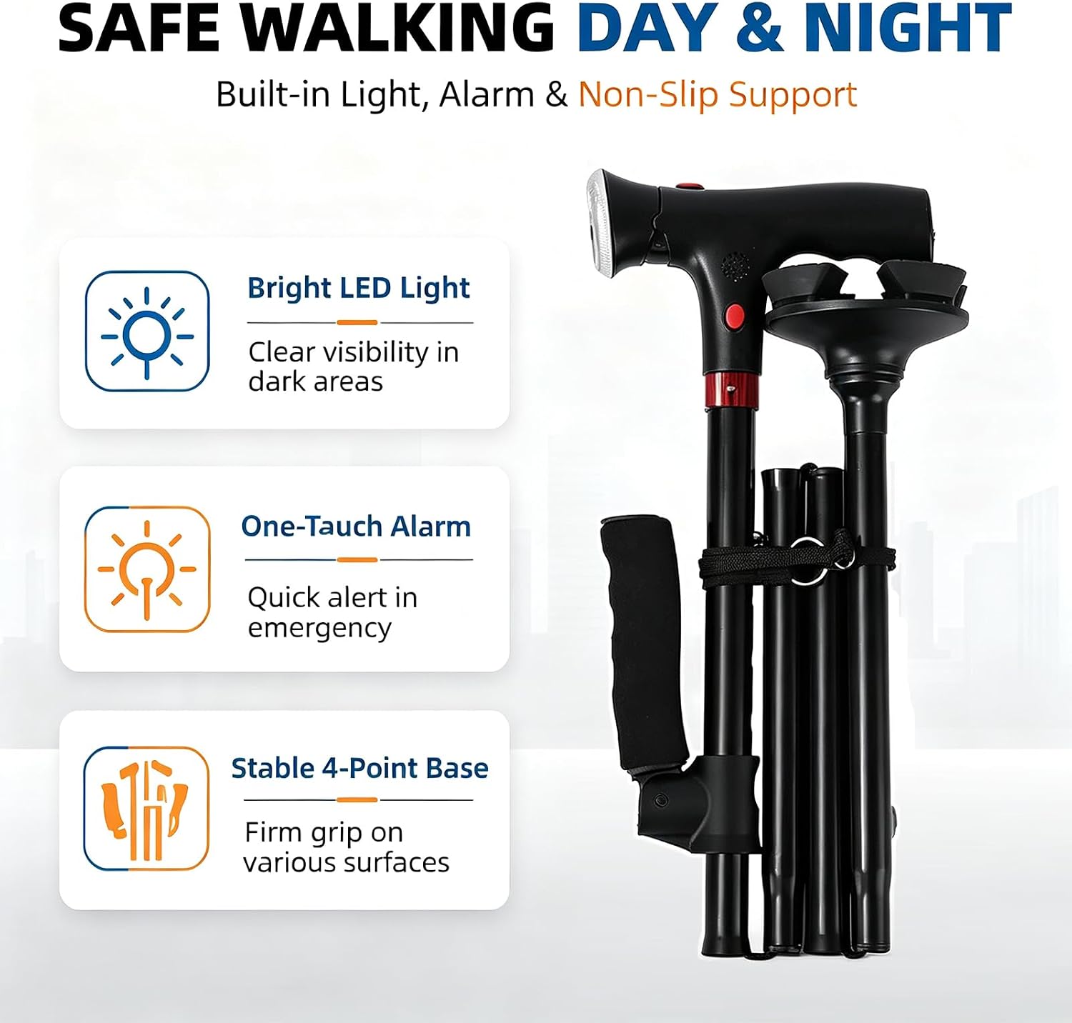 Walking Cane for Men & Women, 3-in-1 Folding Cane with Alarm and Light, Adjustable, Collapsible Walking Stick for Seniors Balance with a Second Handle