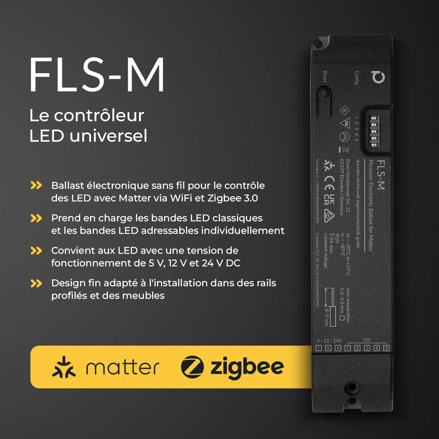 FLS-M - Contrôleur Matter Zigbee pour Bandes LED et LEDs Adressables Individuellement, RGBW, RGB+CCT, Couleur Unique, WS2812B