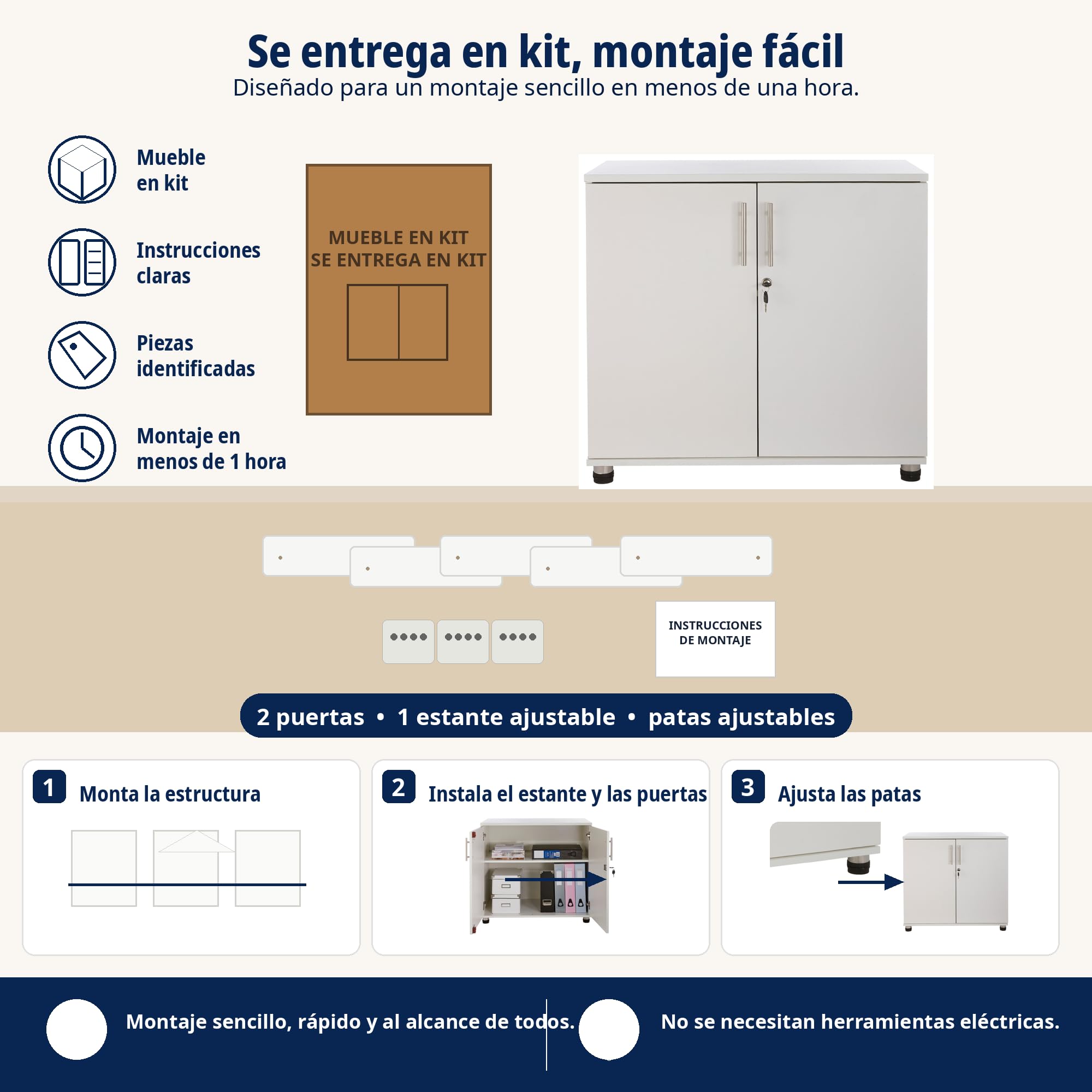 MMT Armario Blanco Para Oficina En Casa, Armario Multiusos Con Estanteria Con Puertas, Archivador De Documentos Con Bloqueo De Llave, 2 Estantes, 80x40cmx75 Centimetre, Madera Blanca