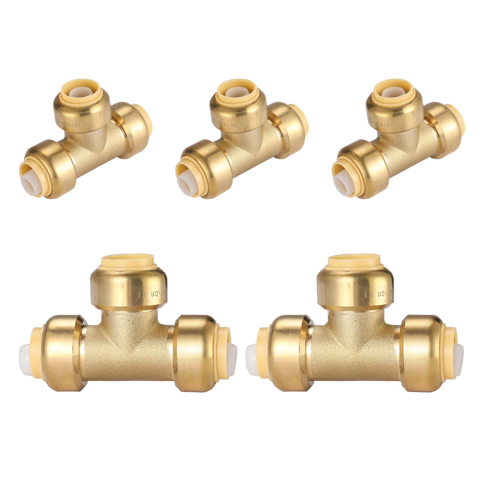 TLDONCXH 5 PCS Foskan 3/4" x3/4" X3/4" Push Fit Tee,LF-Brass Fittings, Push to Connect PEX, Copper, C, PE-RT Pipes, with Disconnect Clip for Plumbing Repairs