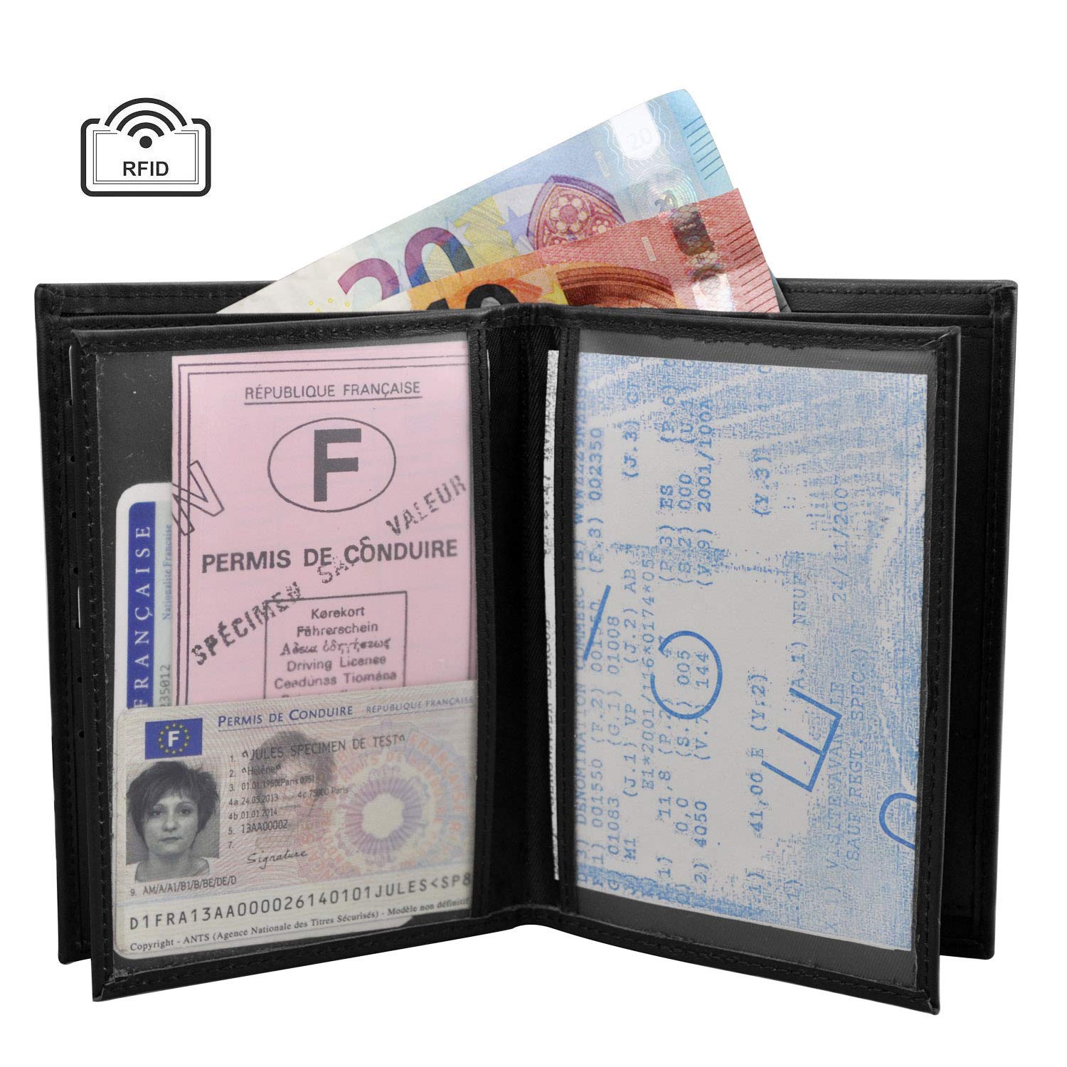 Charmoni - Max - Grand Portefeuille - Portefeuille Homme - Anti piratage Protection RFID Blocage - 4 Volets - Cuir Vachette - 22 Carte Bleu - Rangement complèt (Cuir Vachette, Noir)