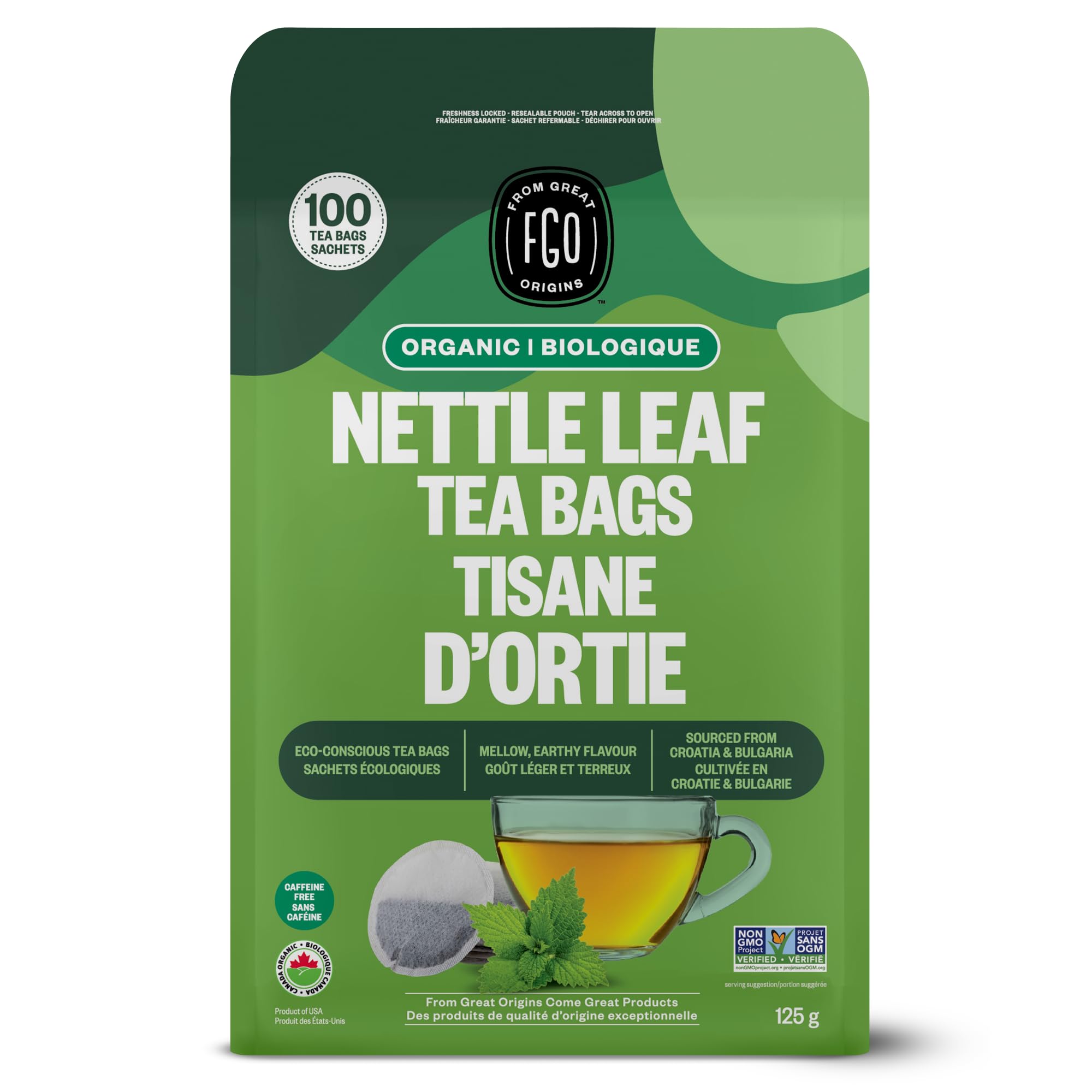 FGO Organic Nettle Leaf Tea Bags | 100 Bags | Eco-Conscious Kraft Bag | Raw from Croatia