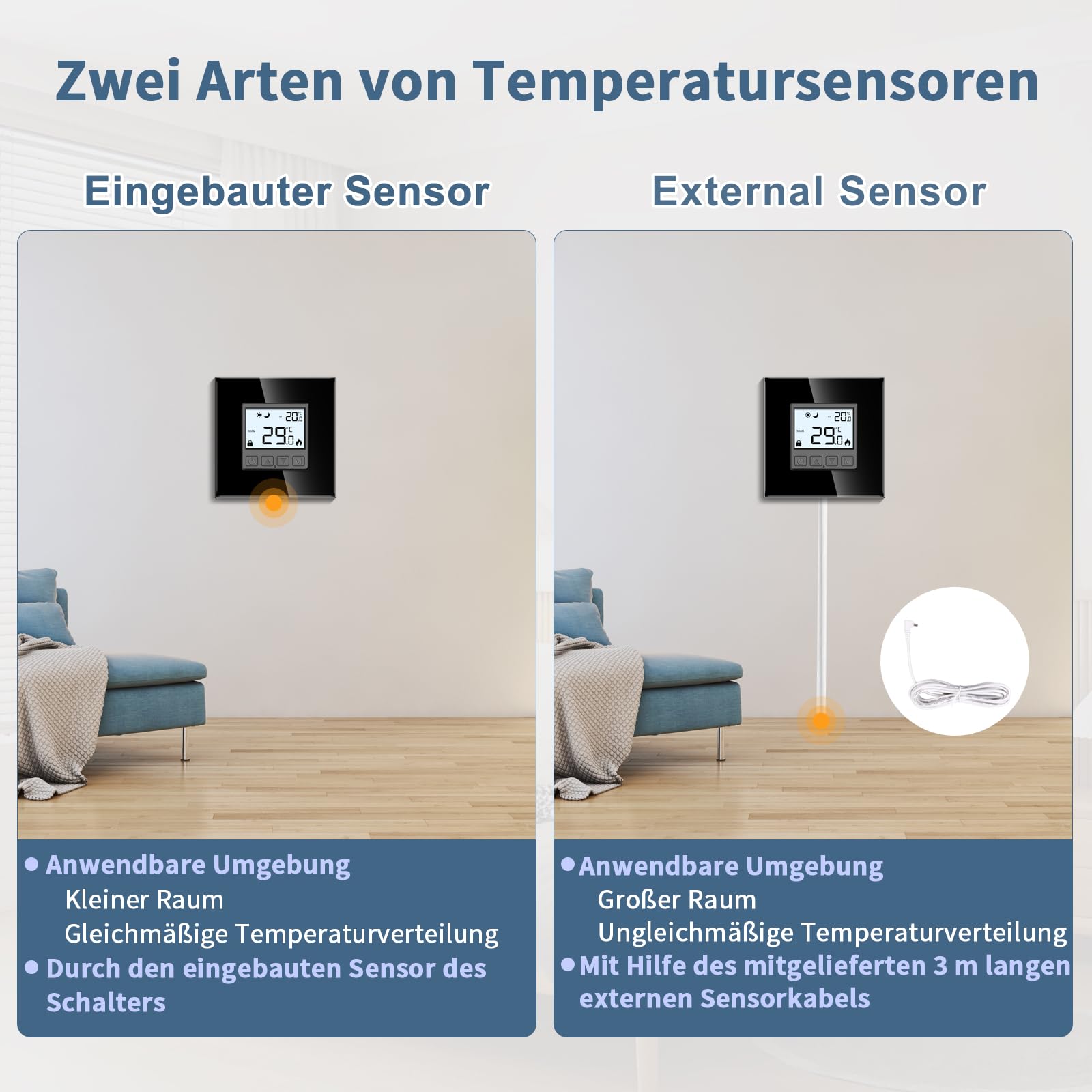 CNBINGO Digitaler Raumthermostat Unterputz mit Fühler, Thermostat für Wasser Fußbodenheizungen und Boiler, Wandthermostat für Heizung und Kühlungssysteme, Schwarz mit Glasrahmen
