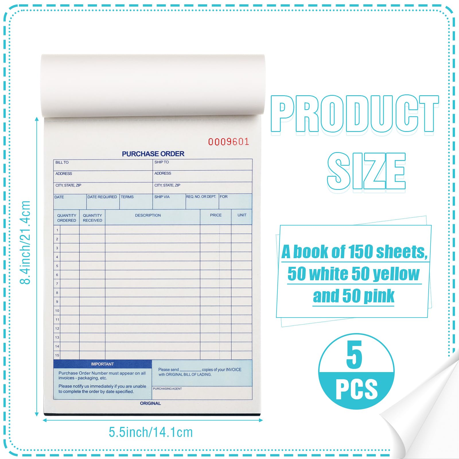 Lincia 5 Stück Bestellbuch, 3-teilig, selbstdurchschreibend, für kleine Unternehmen, mit Durchschlagdeckel, 50 Sets pro Buch, 21,6 x 14,9 cm