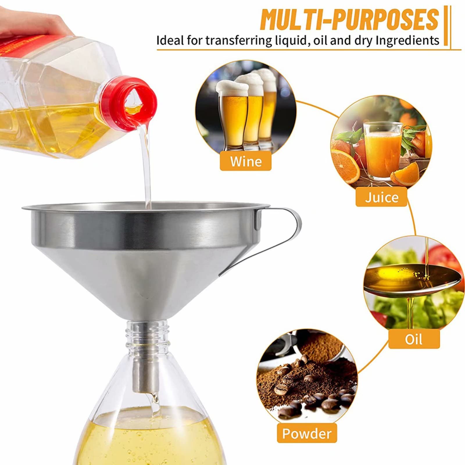 Embudo de cocina de acero inoxidable Embudo de hogar pequeño de 5 pulgadas Embudo de metal plateado Material seguro para alimentos con 2 filtros y 1 cepillo para transferir líquidos, polvos - Plata