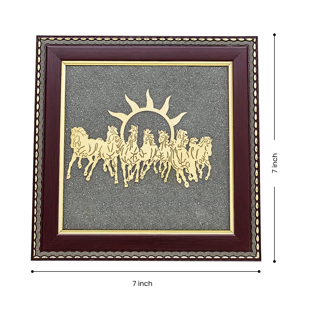 Divine Hindu 7 koni na surowej ramie pirytowej, 19 x 18 cm, dekoracja ścienna Vastu dla sukcesu i sławy, naturalne siedem koni, pirytowa rama z kamienia dla przyciągania pieniędzy, pomyślny wystrój