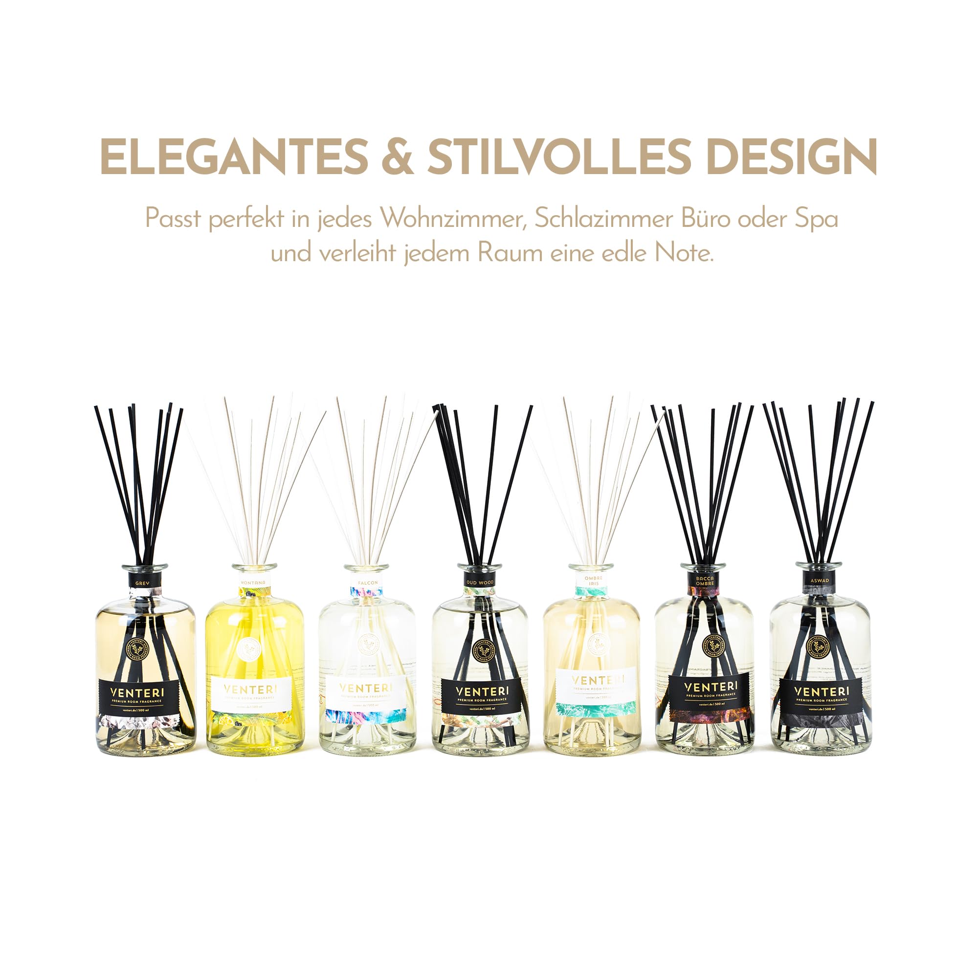 Venteri Montana Diffuseur de parfum d'ambiance 500 ml, avec 8 bâtonnets parfumés et élégant désodorisant, parfum d'ambiance et parfum de bain, agrumes naturels et notes de bois pour le désodorisant à