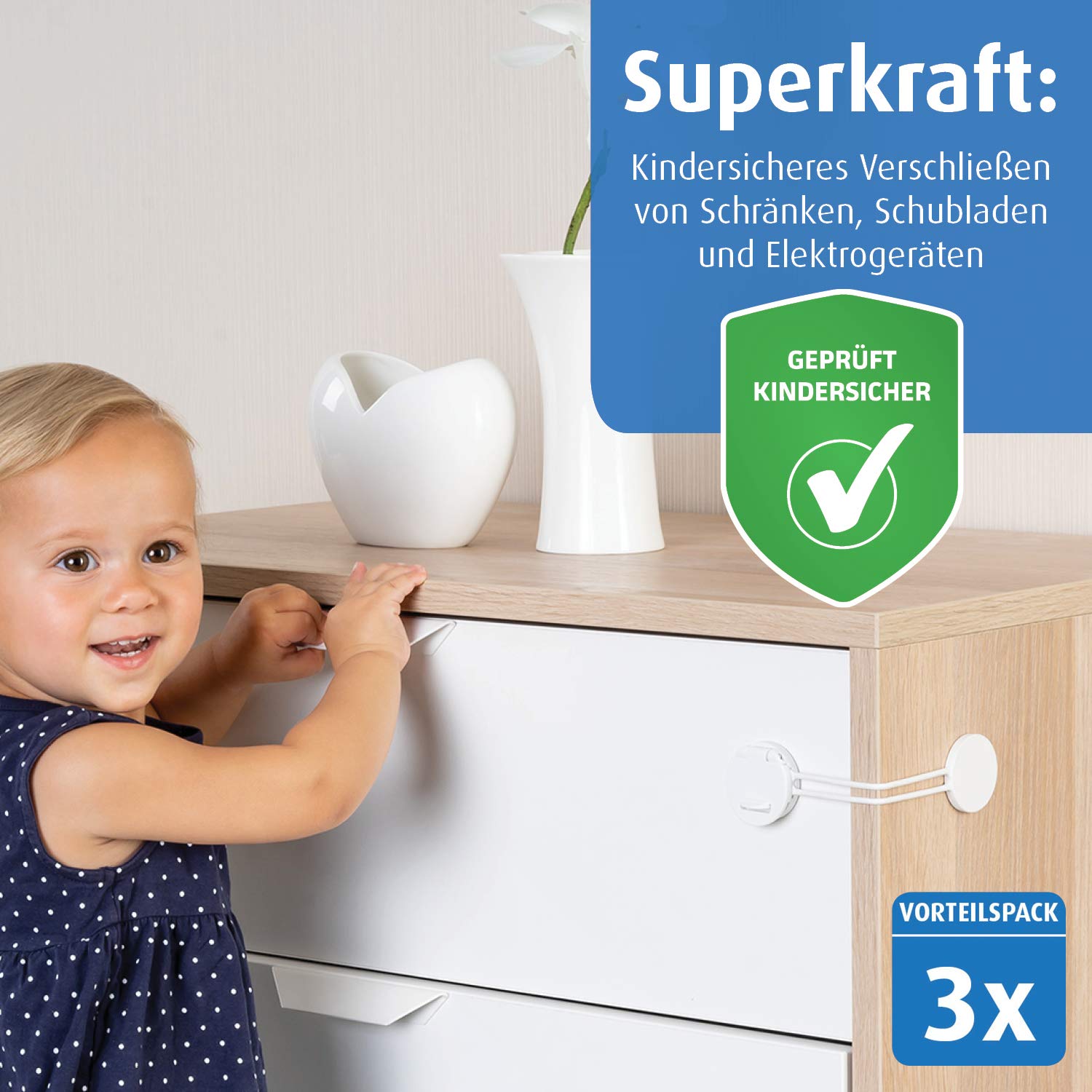 reer 72040 wielofunkcyjne zabezpieczenie, 3 sztuki w zestawie, zabezpieczenie przed dziećmi do szafy, szuflady i wielu innych, od specjalistów ds. bezpieczeństwa dzieci firmy Schwbisch, kolor biały