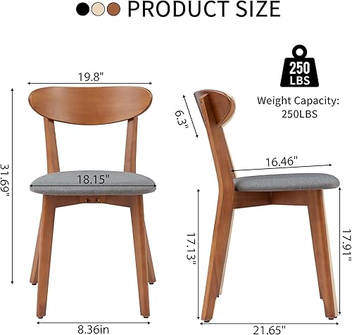 Miniatura 2 de Juego de 2 sillas de comedor, silla de comedor de madera maciza sin brazos, silla de comedor de estilo moderno de mediados de siglo con tapizado en