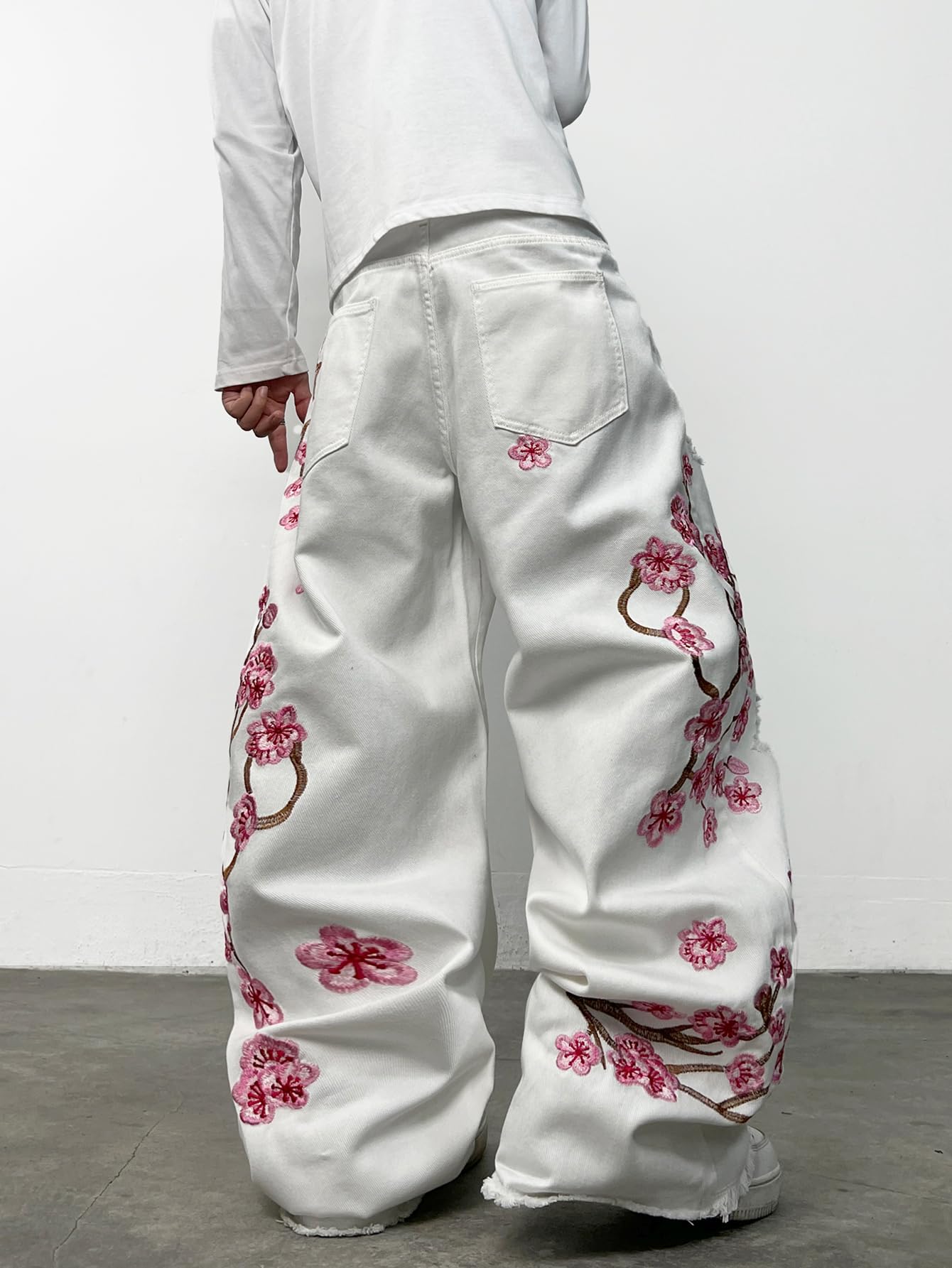 Jeans larghi ricamati da uomo, stile hip hop, fiori di prugno, gamba larga, Y2K