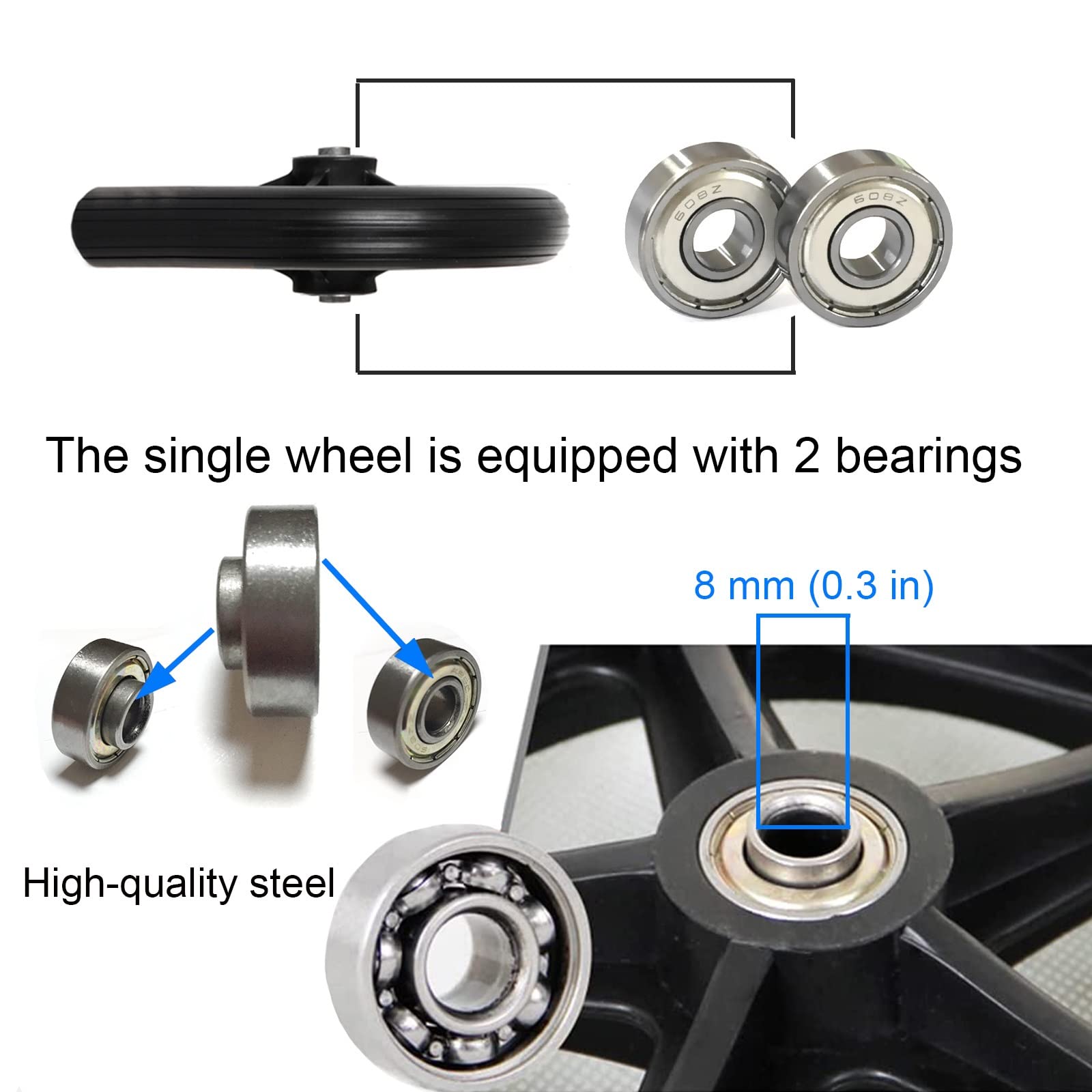 Solid TyreWheelchair Koło przednie zamienne - Koło gumowe antypoślizgowe z łożyskiem i śrubą montażową do wózków inwalidzkich, balkoników, chodzików - zawiera kółka zamienne