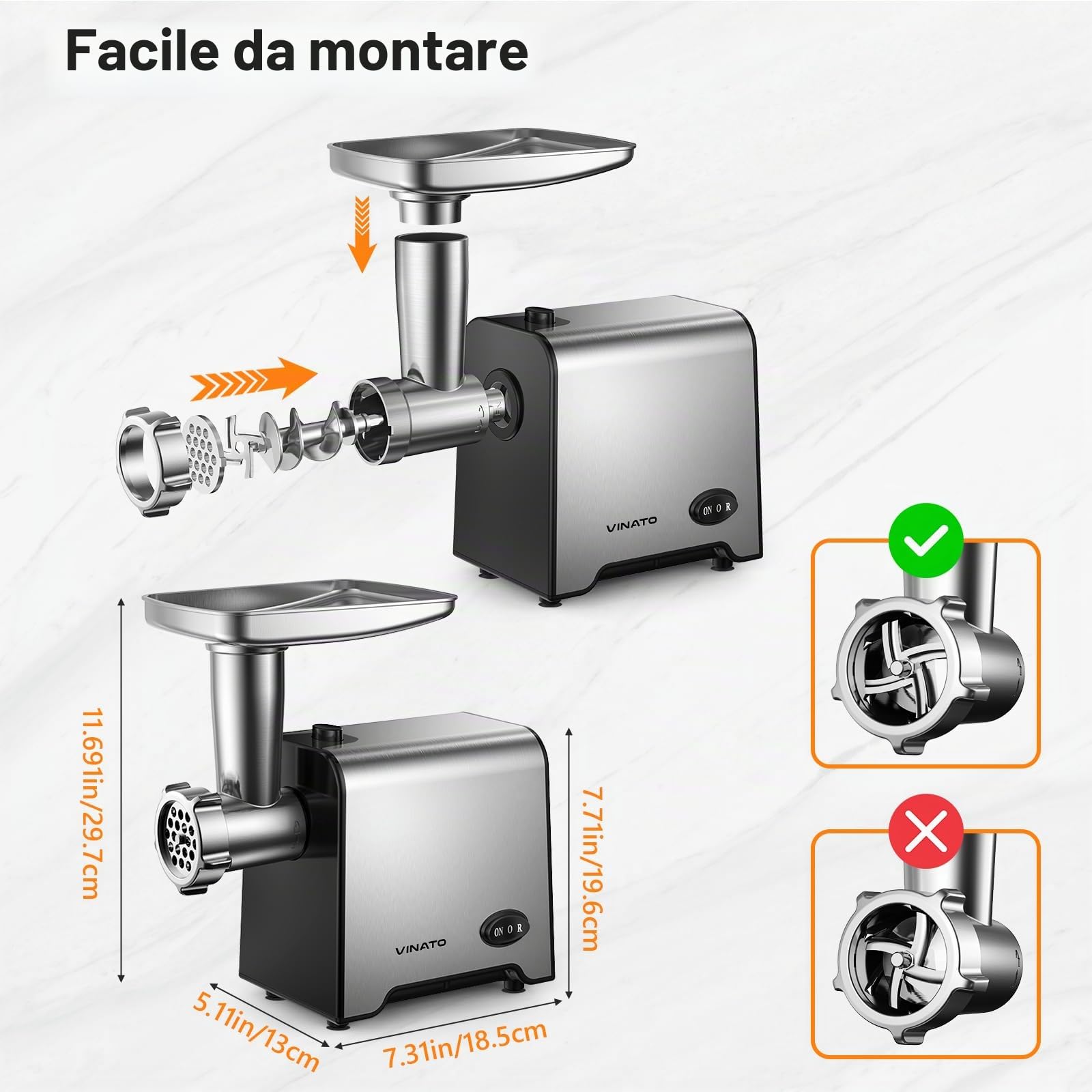 VINATO Tritacarne Elettrico, Accessorio per Salsicce CompactPower, 3 Dischi Perforati in Acciaio Inox (3, 5, 7mm), Manomentro, Accessorio per Kebbe