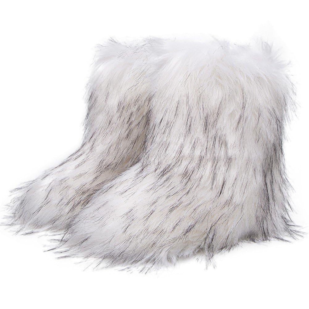 Sanfly Winter Raccoon Snow Boots Raccoon Snow Boot Furry Snow Boots Fluffy -calf Flat Boots for Outdoor Indoor
