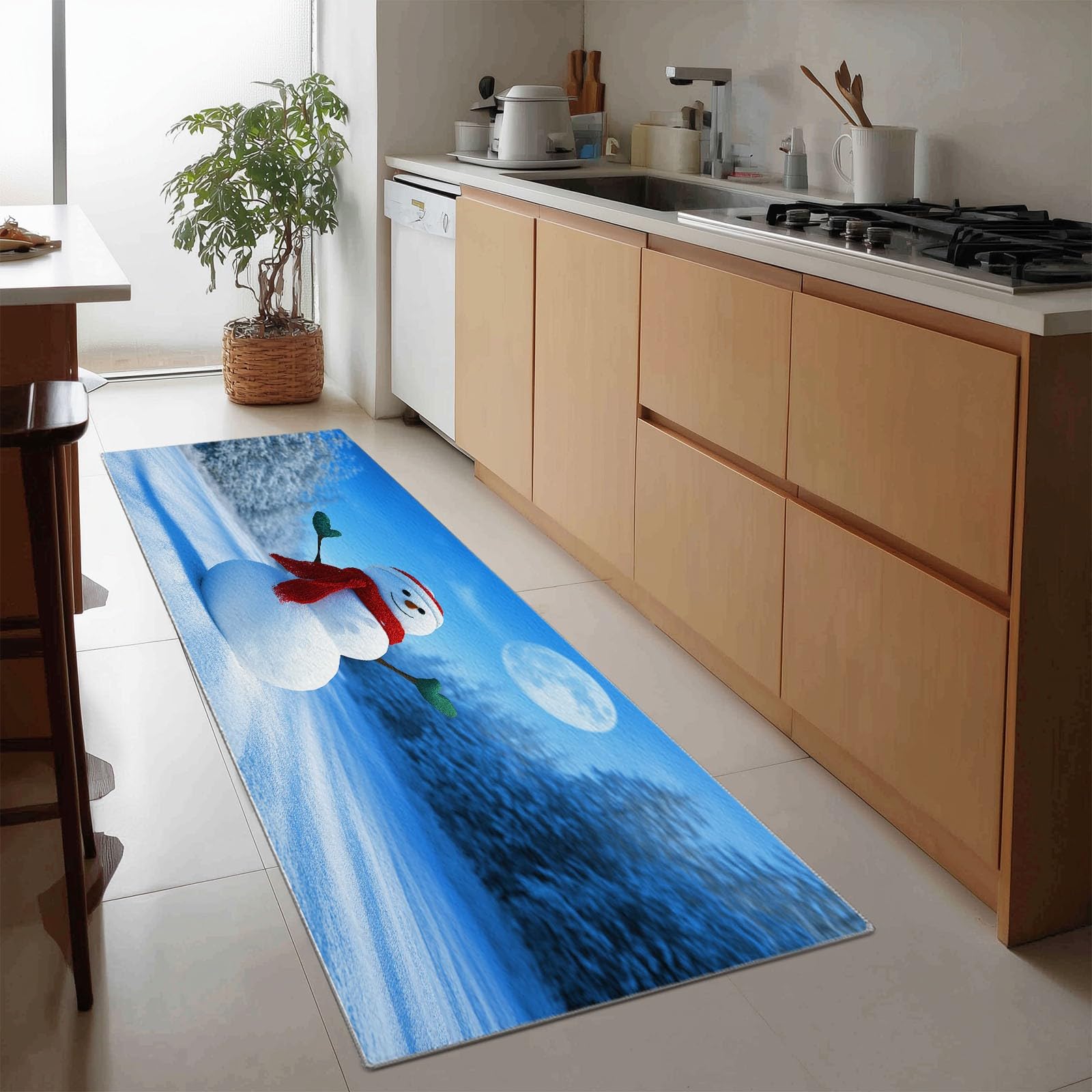 Generisch 3D Fotografie Küchen Läufer Teppich 60 x 120 cm für Flur, Weihnachten Wald Schneemann Läuferteppiche Waschbare Kitchen Runner Teppicheläufer für Entryway Wäsche Daneben