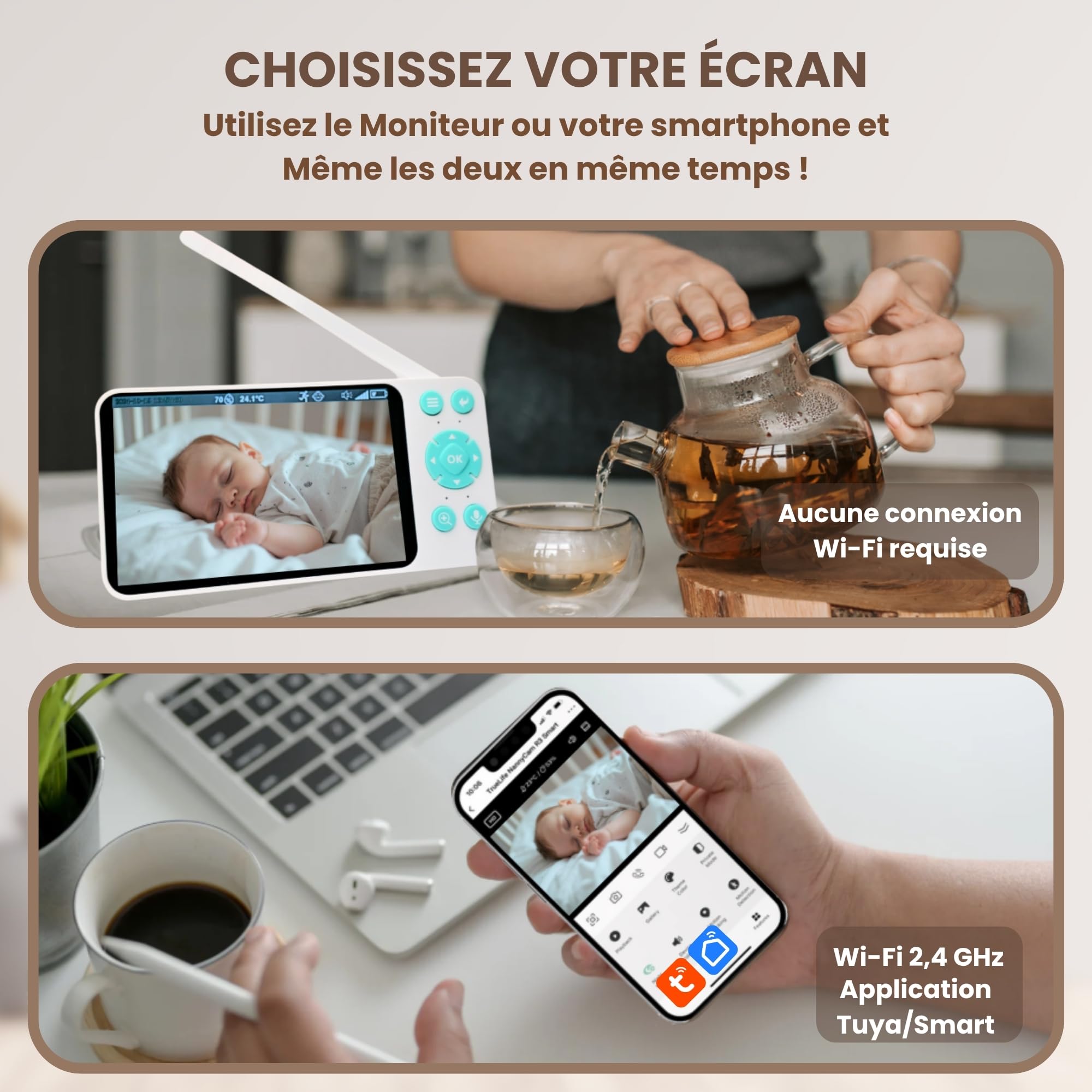 Babyphone Camera 2K + Moniteur vidéo 5" LCD-IPS + Application WiFi | PTZ 355°, VOX, Enregistrement, Surveillance Mouvements, Berceuses | Baby Phone Monitor, Caméra Bebe | Support Offert |