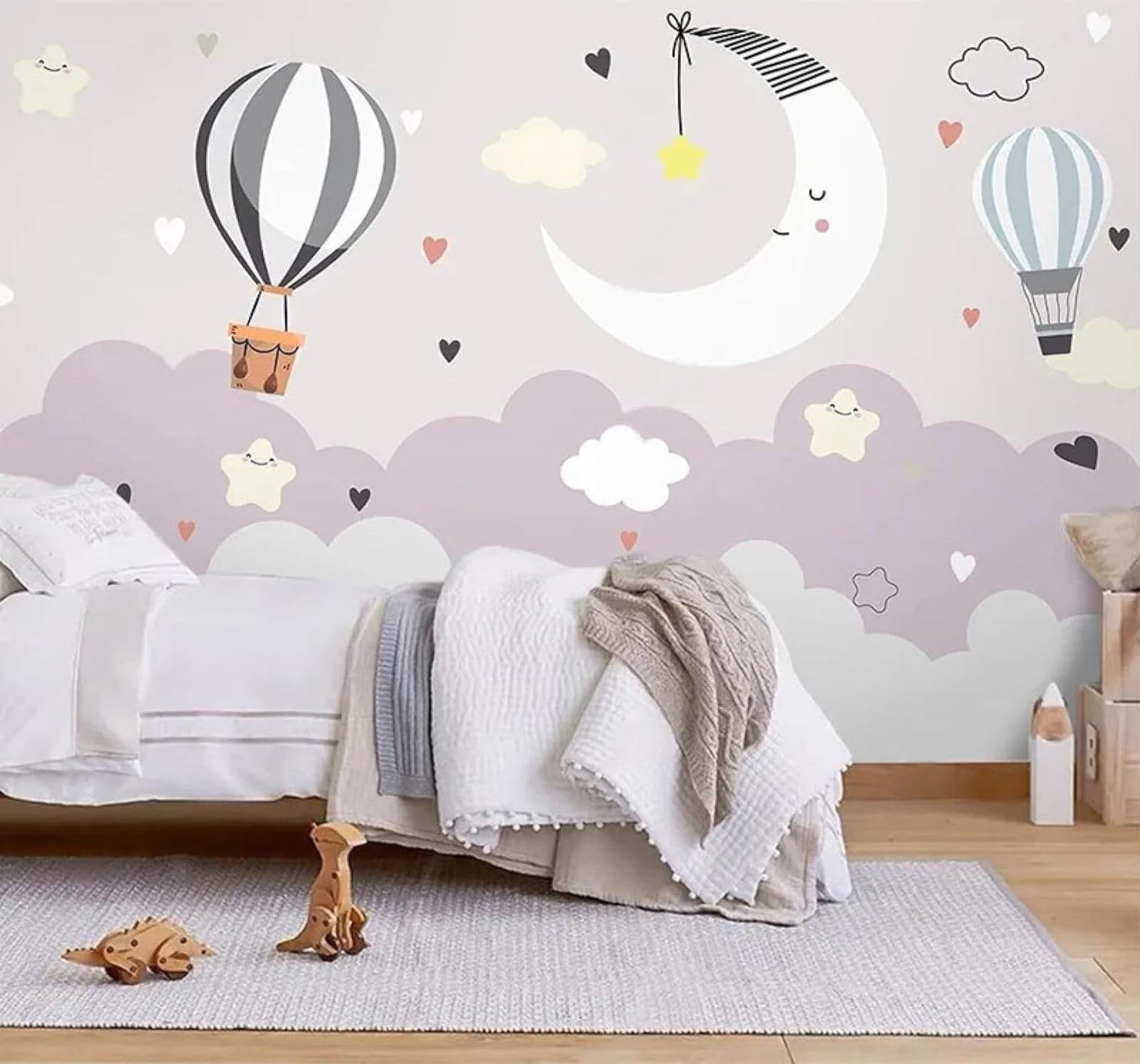 Tzxztt 300Cm×210Cm(B×H) Minimalist Cartoon Hot Air Balloon Moon Clouds Modern 3D Wallpaper Premium Textured Silk Neutral Tones Material Ideal For Living Room Bedroom-300Cm×210Cm